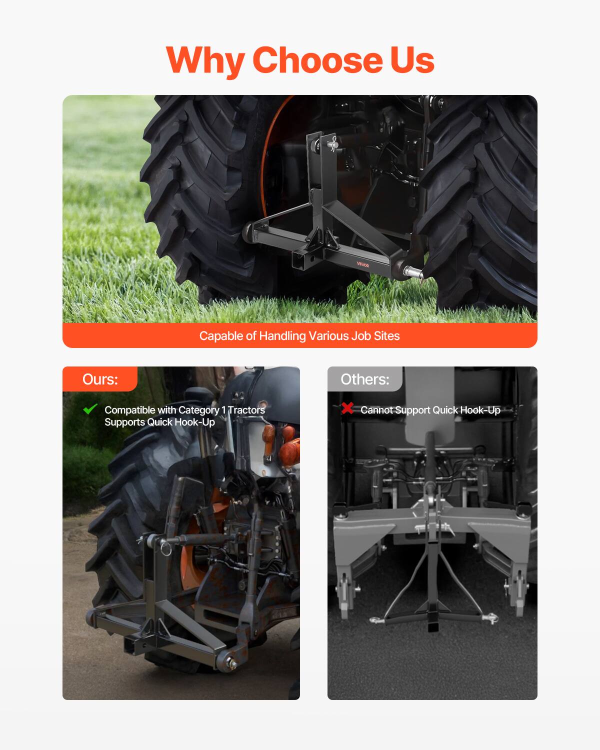 Why Choose Us

Capable of Handling Various Job Sites

Ours:
- Compatible with Category 1 Tractors
- Supports Quick Hook-Up

Others:
- Cannot Support Quick Hook-Up