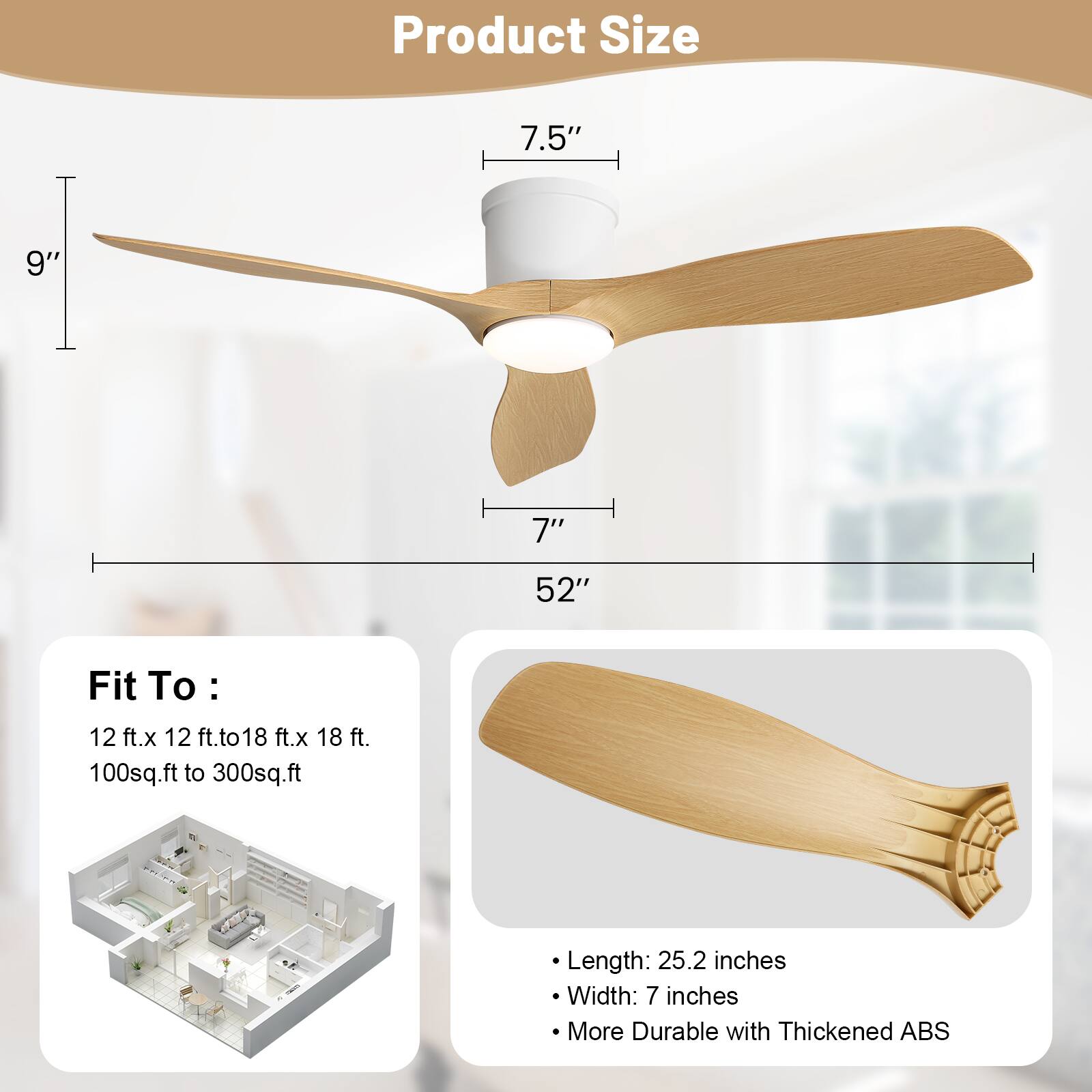 Product Size

- 7.5"
- 9"
- 7"
- 52"

Fit To:
- 12 ft. x 12 ft. to 18 ft. x 18 ft.
- 100 sq.ft to 300 sq.ft

Length: 25.2 inches
Width: 7 inches
More Durable with Thickened ABS