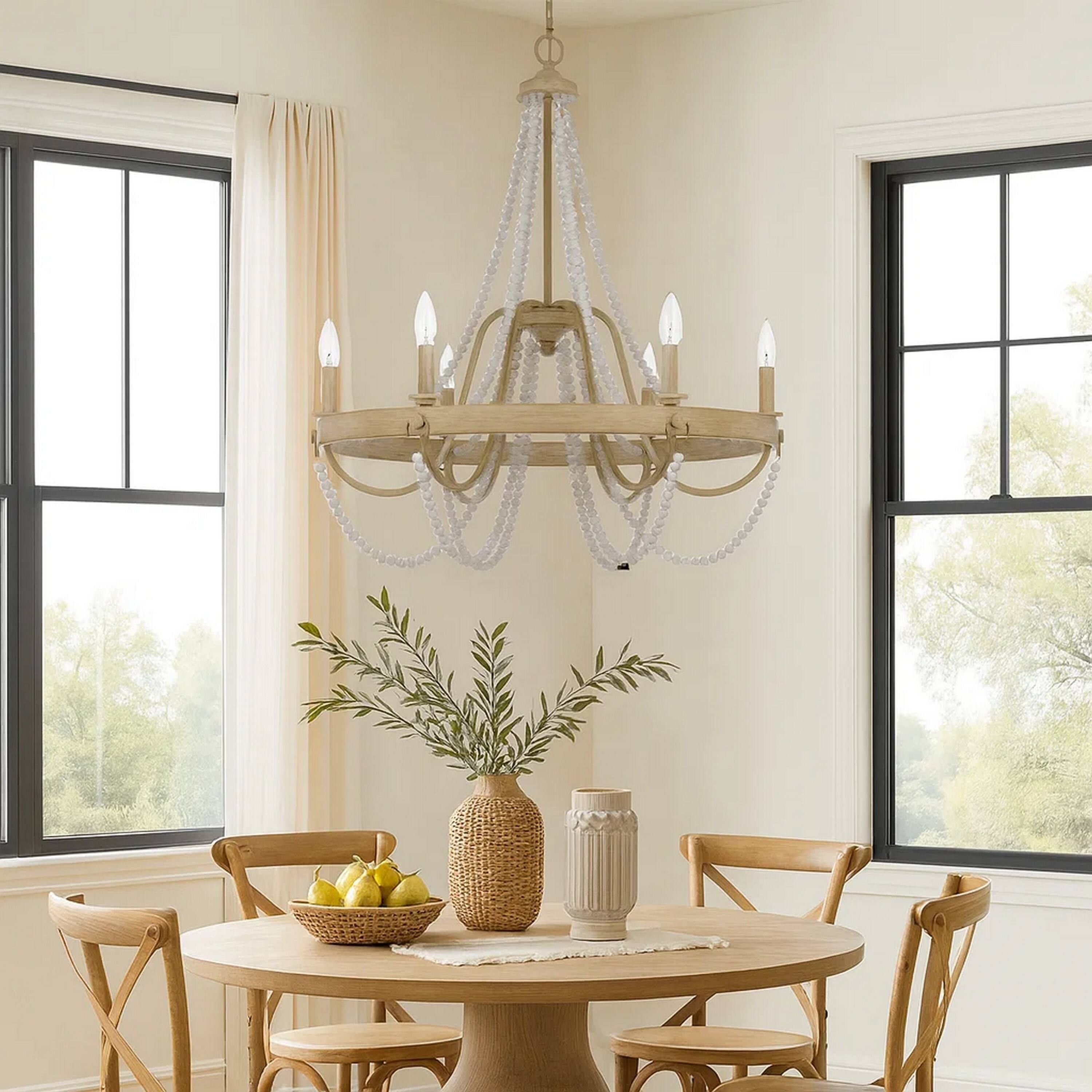 Alt View 3. Manhattan Lane - Maci 28 Inch Chandelier, White Beaded Candelabra Design, Wood - Brown, White.