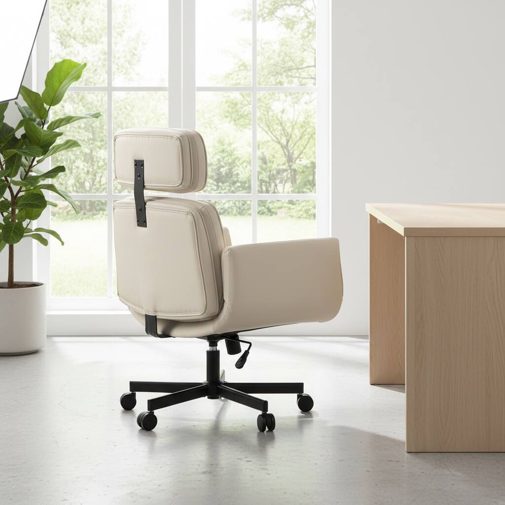 Left. Forest'nSky - Wide Cross-Legged Office Chair with Adjustable Headrest, Arms & Wheels, Swivel PU Task Chair for Makeup, Gaming,Beige - Beige.