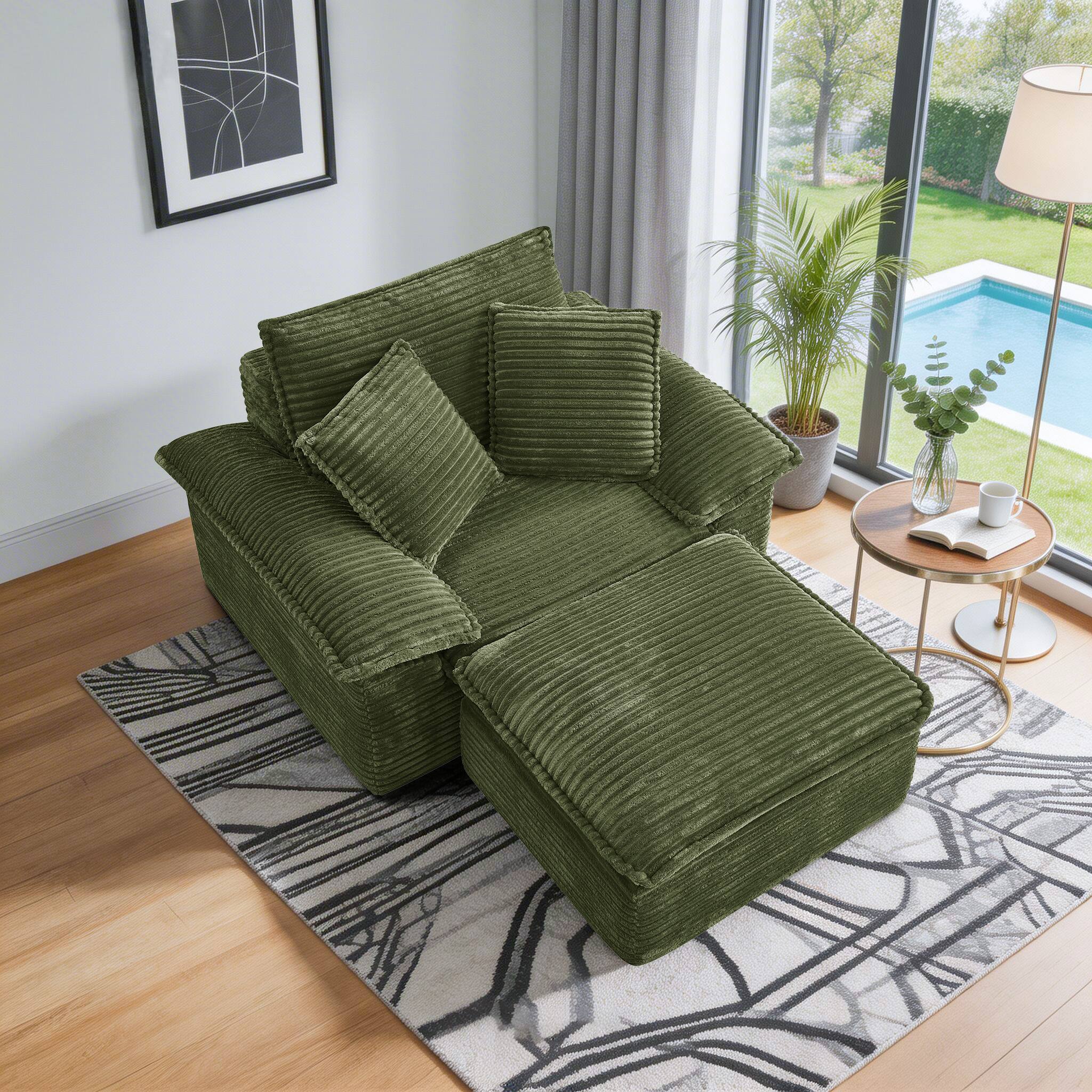 Angle. Electra Tech Xpress - 48" Boneless Couch with Removable Ottoman,Oversized Upholstered Lounge Sofa Bed with Pillows,No Assembly - Green.