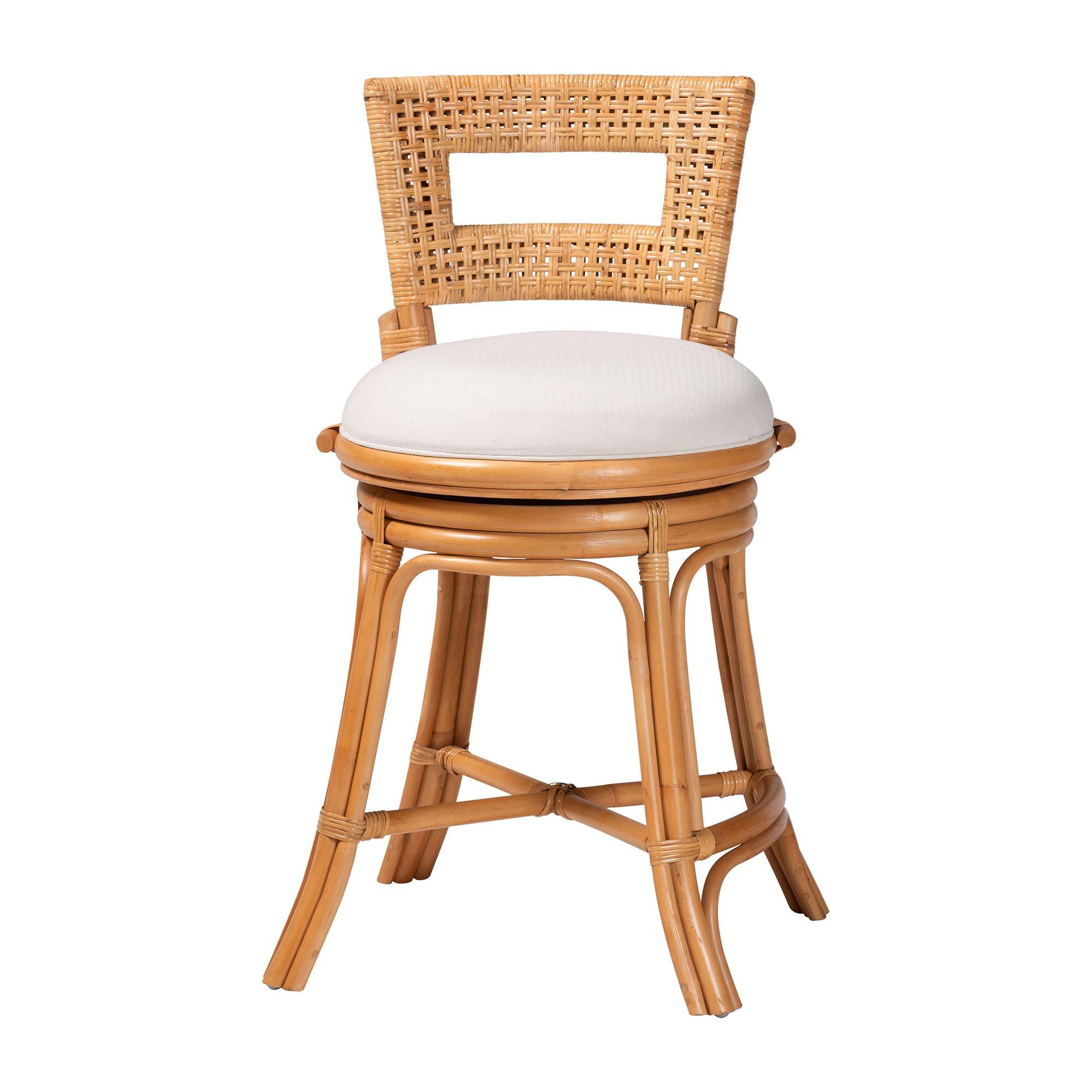 Angle. bali & pari - bali & pari Amina Natural Rattan Counter Stool - Handwoven Wicker Stool with Swivel Seat and Upholstered Cushion - Light Honey.