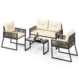 Gymax - Set Of 4 Patio Furniture Set w/Tempered Glass Coffee Table PE Wicker Rattan Chairs - Black, Off White
