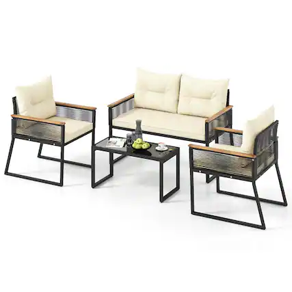 Front. Gymax - Gymax Set Of 4 Patio Furniture Set w/Tempered Glass Coffee Table PE Wicker Rattan Chairs - Black, Off White.