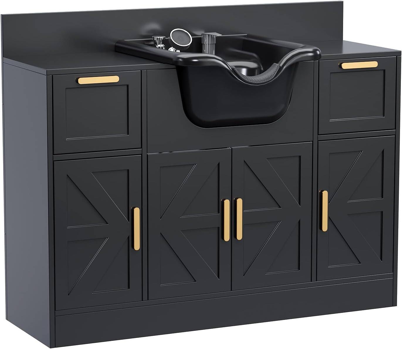 Alt View 5. Winado - Salon Station Freestanding Backwash Sink with Shampoo Bowl & Cabinet & Drawer & Spacious Desktop for Barbershop, Beauty - Black.