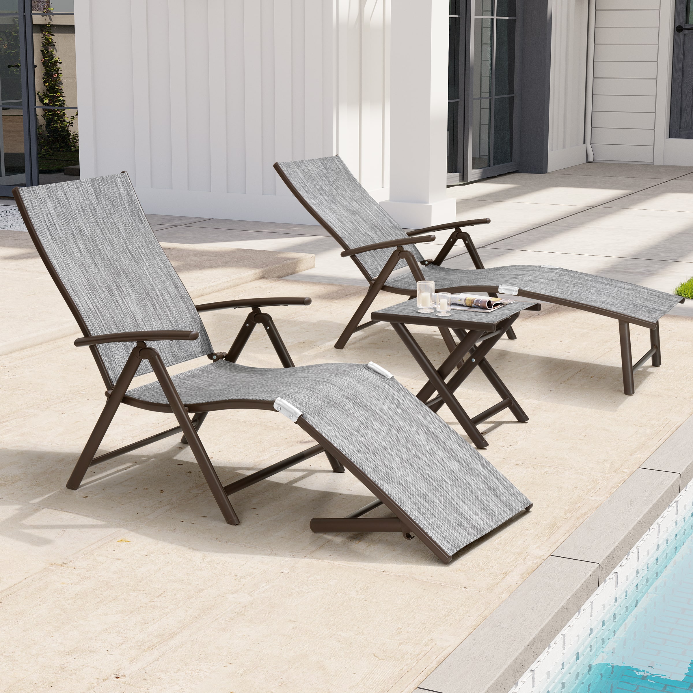 Crestlive Products - Outdoor Aluminum Adjustable Folding Chaise Lounge Chairs and Foldable Side Table - Black Gray