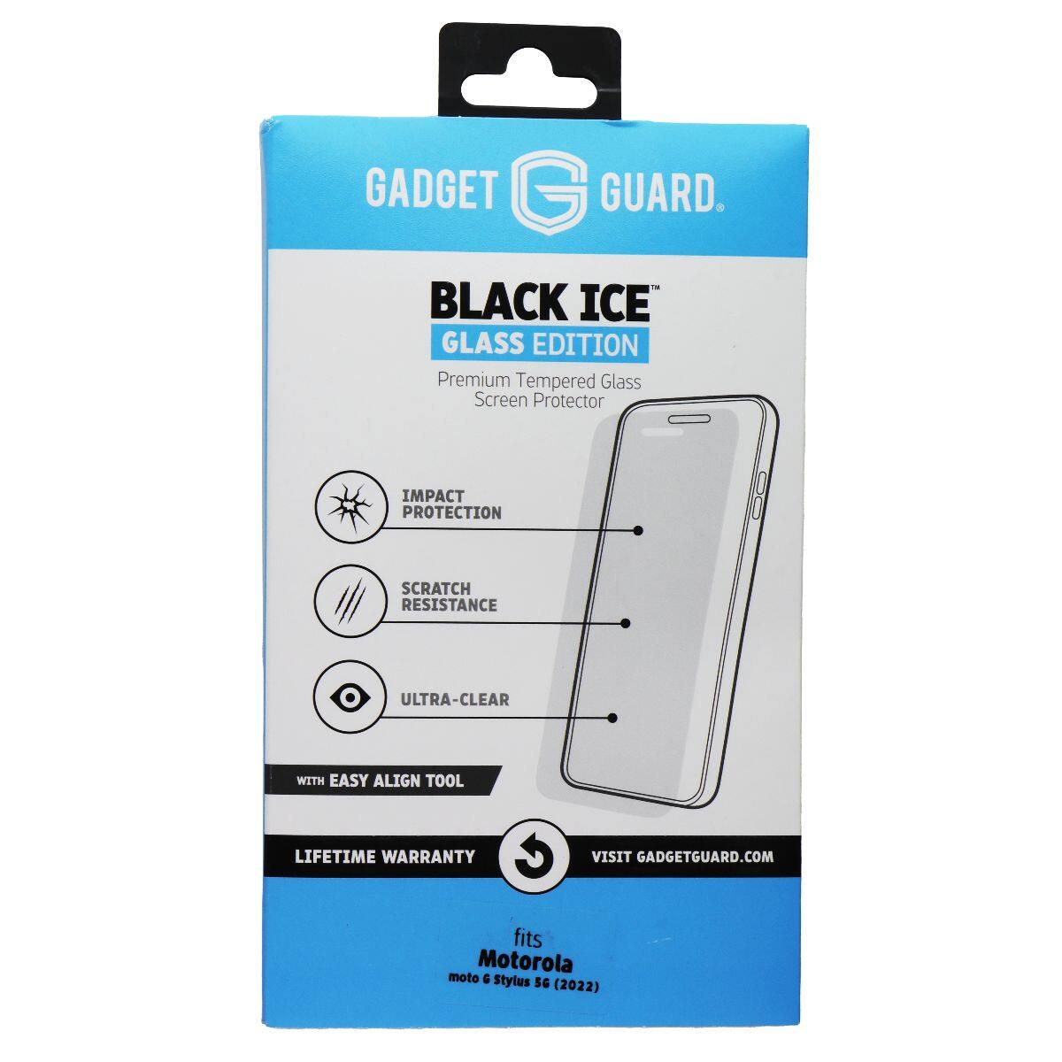 GADGET GUARD. BLACK ICE GLASS EDITION Premium Tempered Glass Screen Protector IMPACT PROTECTION SCRATCH RESISTANCE ULTRA-CLEAR WITH EASY ALIGN TOOL LIFETIME WARRANTY C VISIT GADGETGUARD.COM fits Motorola moto G Stylus 5G (2022)