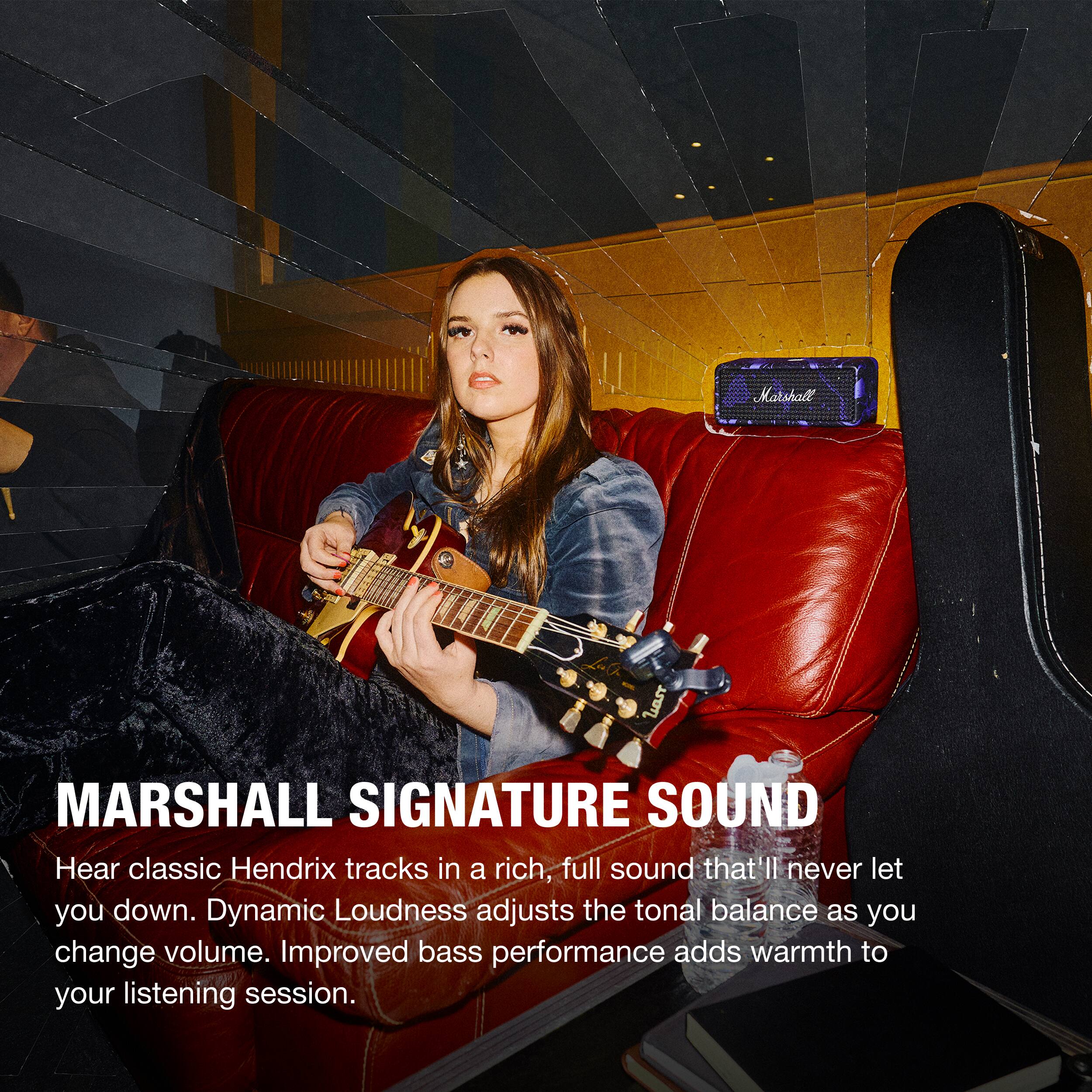 MARSHALL SIGNATURE SOUND  
Hear classic Hendrix tracks in a rich, full sound that'll never let you down. Dynamic Loudness adjusts the tonal balance as you change volume. Improved bass performance adds warmth to your listening session.