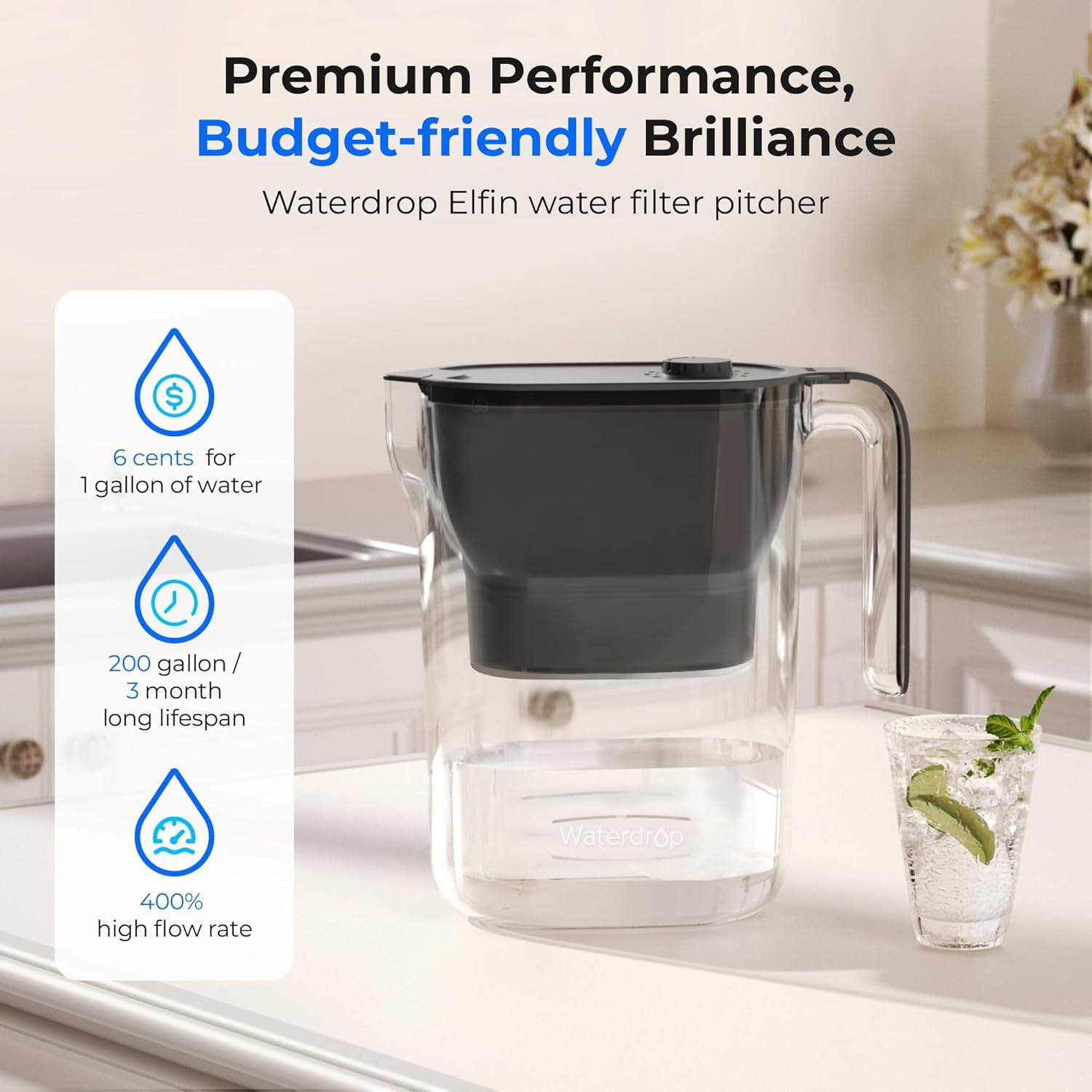 Premium Performance, Budget-friendly Brilliance  
Waterdrop Elfin water filter pitcher  

- 6 cents for 1 gallon of water  
- 200 gallon / 3 month long lifespan  
- 400% high flow rate