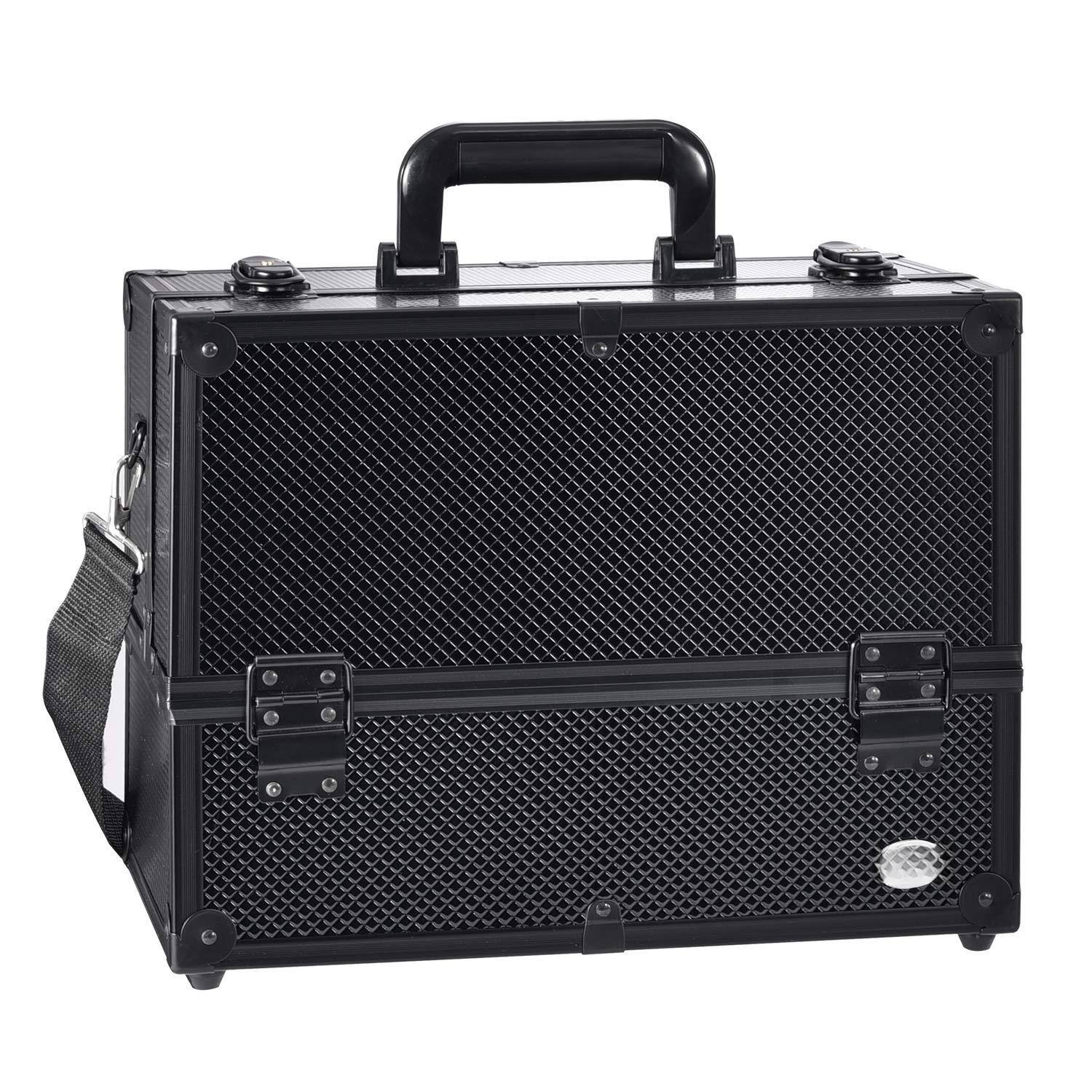 Alt View 6. Fabibe - Makeup Case Professional Adjustable - 6 Trays Cases Storage Organizer Box with Lock and Compartments 14 Inch Large Black - Silvery White.