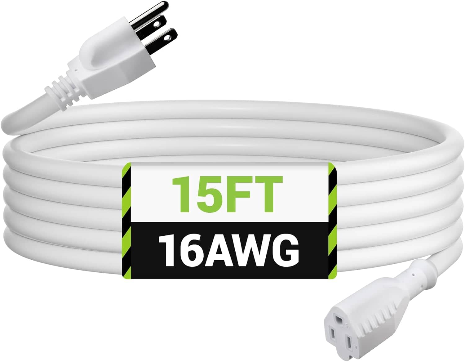 BN-LINK - 15ft Outdoor Extension Cord, 3-Prong, 16/3 Gauge, Grounded, 13A, ETL Listed - White