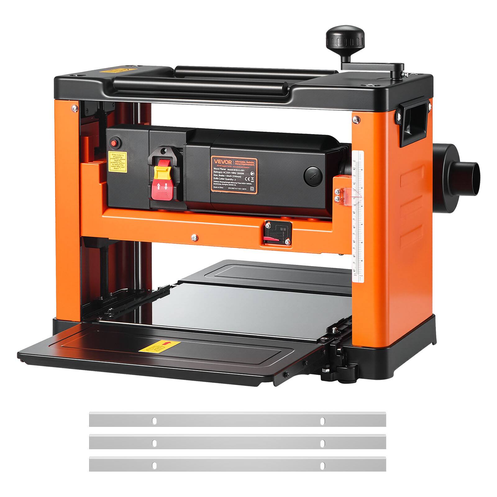 VEVOR - Thickness Planer, Three-Blade, 13-Inch Width Worktable Power Benchtop Planer,2000W 23500 RPM Powerful Motor,Dual Rollers - Orange;Black
