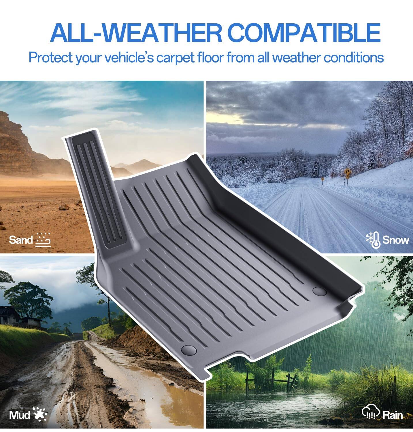 ALL-WEATHER COMPATIBLE  
Protect your vehicle's carpet floor from all weather conditions  

Sand  
Snow  
Mud  
Rain