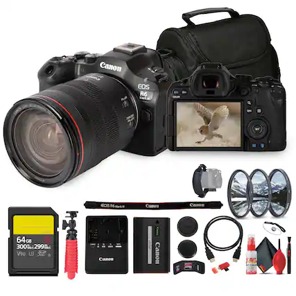Canon EOS R6 Mark II
Canon RF24-105mm Lens
Canon LP-E6N Battery
Canon SF-G2 64GB 300MB/s V90 SD Card
Canon Lens Hood
Canon Lens Cap
Canon Cleaning Kit
Canon Camera Bag
Canon USB Cable
Canon AC Adapter
Canon Remote Control
Canon Lens Cleaning Spray
Canon Lens Cleaning Cloth