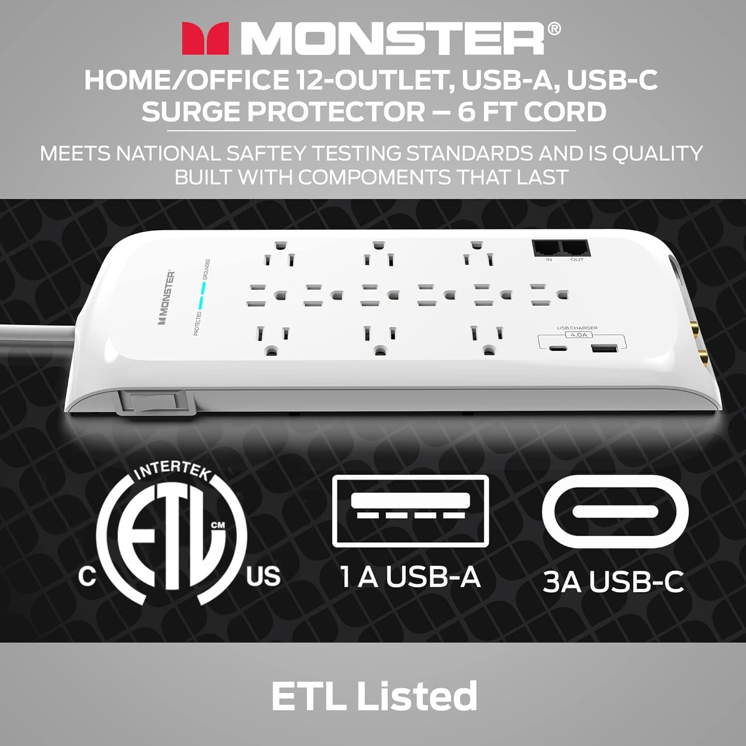 The text on the image is grouped and corrected as follows:

"Monster Home/Office 12-Outlet, USB-A, USB-C Surge Protector - 6 FT Cord
Meets National Safety Testing Standards and is Quality Built with Components that Last
Monster M Diotoo ProtectG Con une  E Intertek CM C ETL Listed
US 1 A USB-A USB-C ETL Listed"