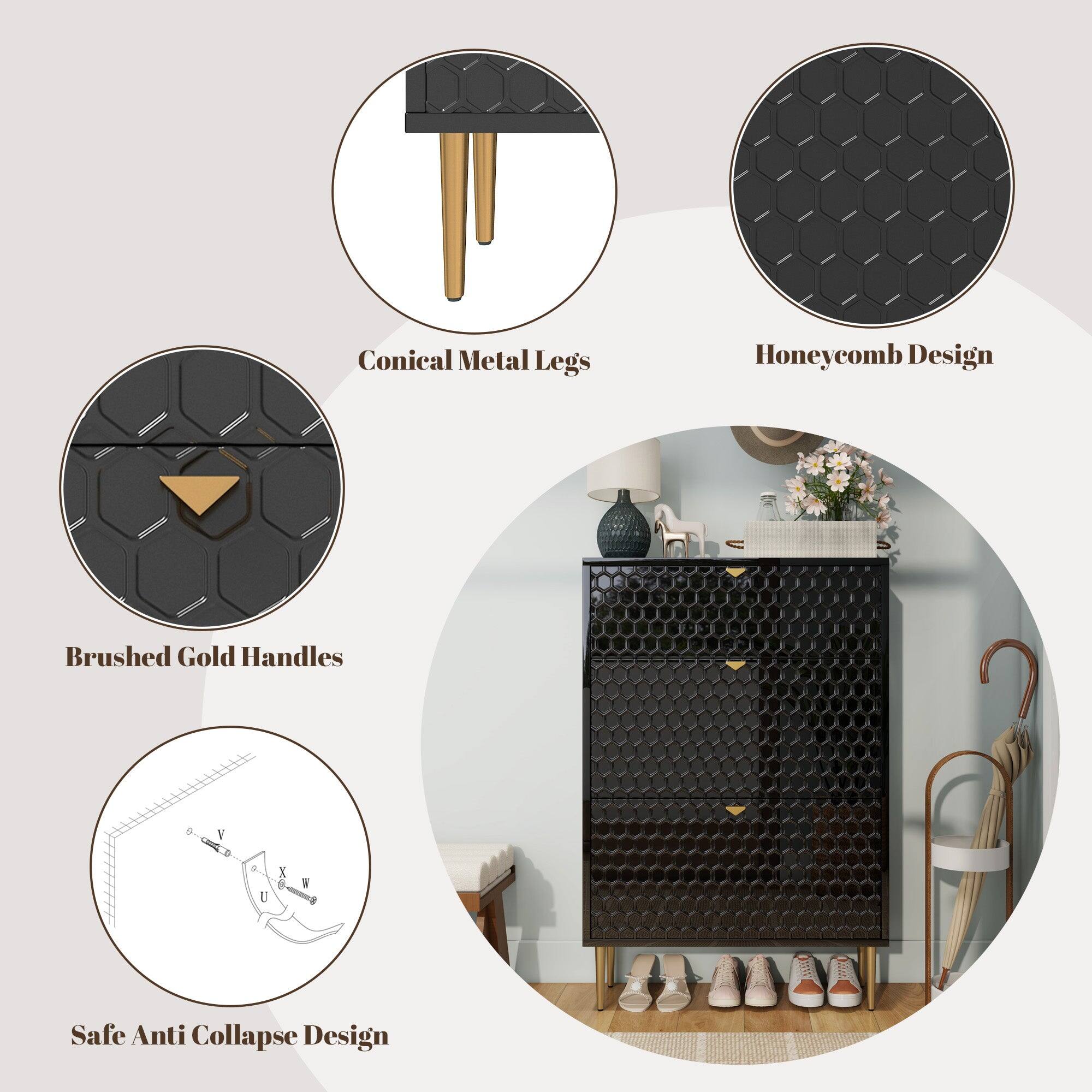 - Conical Metal Legs
- Honeycomb Design
- Brushed Gold Handles
- Safe Anti Collapse Design