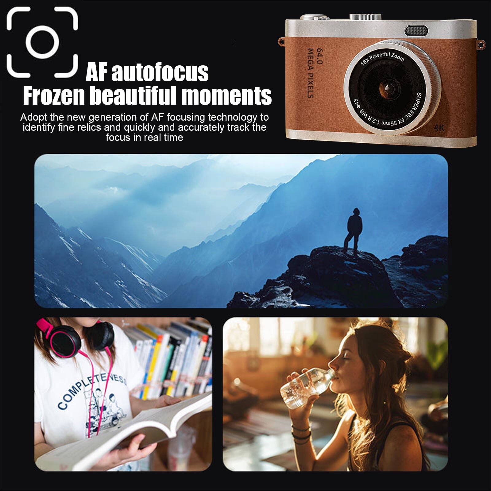AF autofocus  
Frozen beautiful moments  

Adopt the new generation of AF focusing technology to identify fine relics and quickly and accurately track the focus in real time  

MEGA 64.0 PIXELS  
16X Powerful Zoom  
SUPER WR  
1:2.8  
4K  

COMPLETE