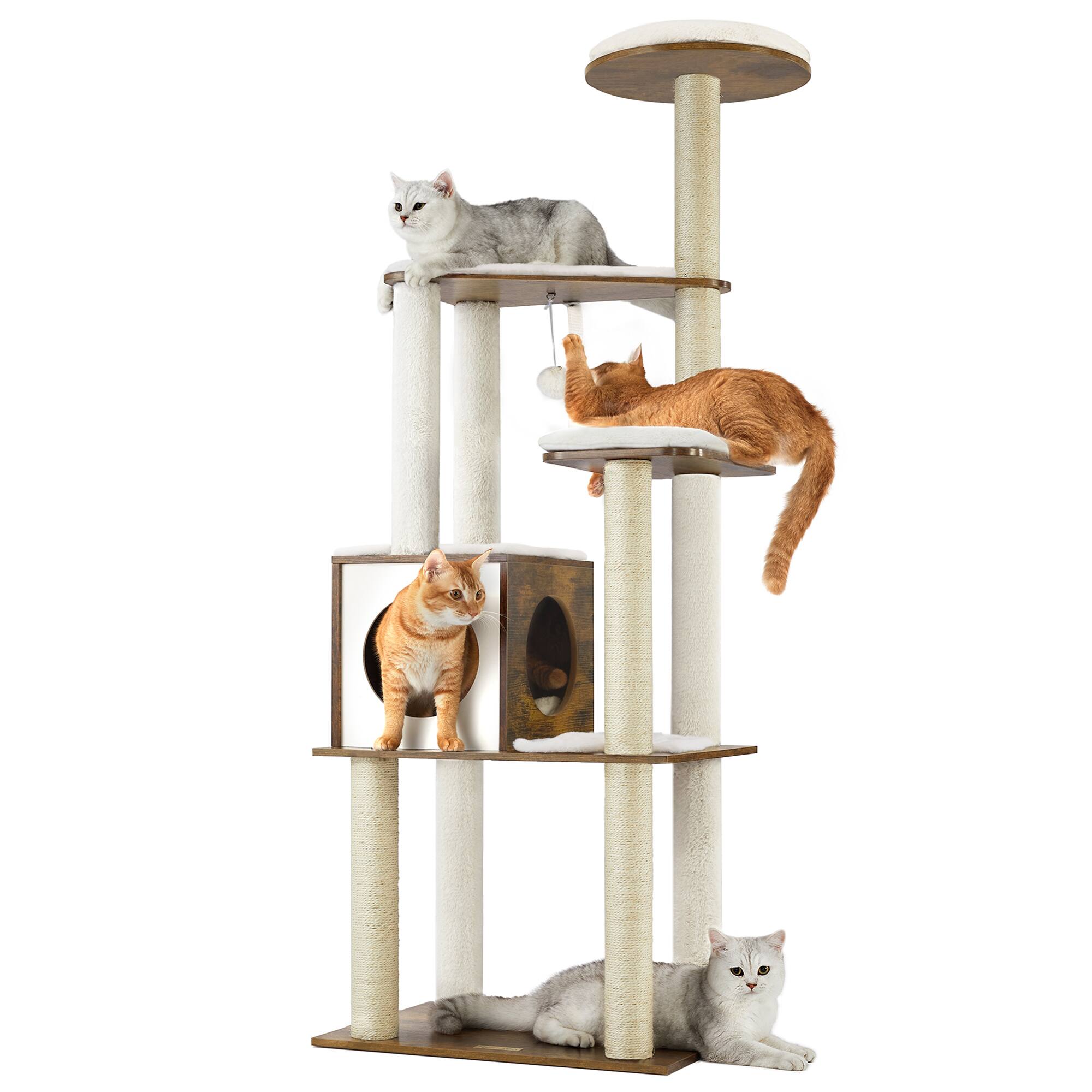 Front. Songmics Home - Cat Tree, 65-Inch Modern Cat Tower for Indoor Cats, Multi-Level Cat Condo with 5 Scratching Posts, Perch - Rustic Brown.