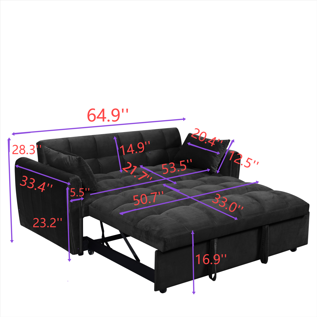 The corrected and grouped measurements from the image are:

- Length: 64.9"
- Width: 28.3"
- Depth: 14.9"
- Seat Height: 20.4"
- Armrest Height: 12.5"
- Seat Depth: 53.5"
- Back Height: 12.5"
- Seat Width: 33.4"
- Armrest Width: 21.7"
- Armrest Depth: 5.5"
- Overall Depth: 50.7"
- Overall Width: 33.0"
- Overall Height: 23.2"
- Leg Height: 16.9"