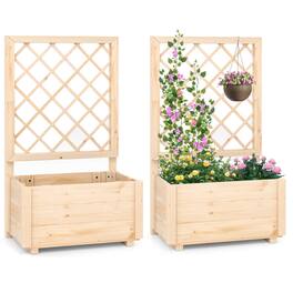 Costway - 2 PCS 40" Tall Wooden Raised Garden Bed with Lattice Trellis for Climbing Vine - Natural