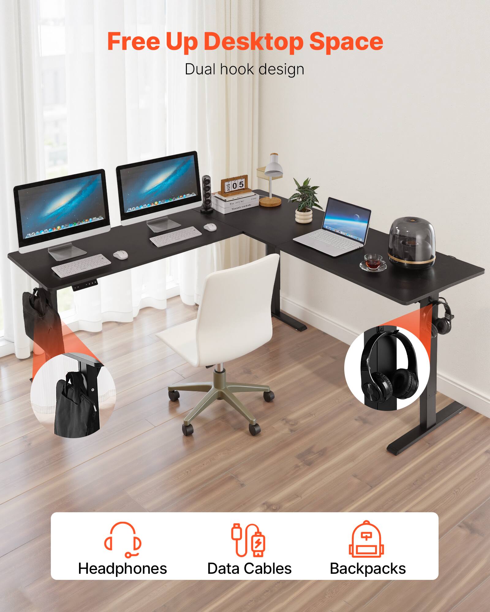 Free Up Desktop Space, Dual hook design, Headphones, Data Cables, Backpacks