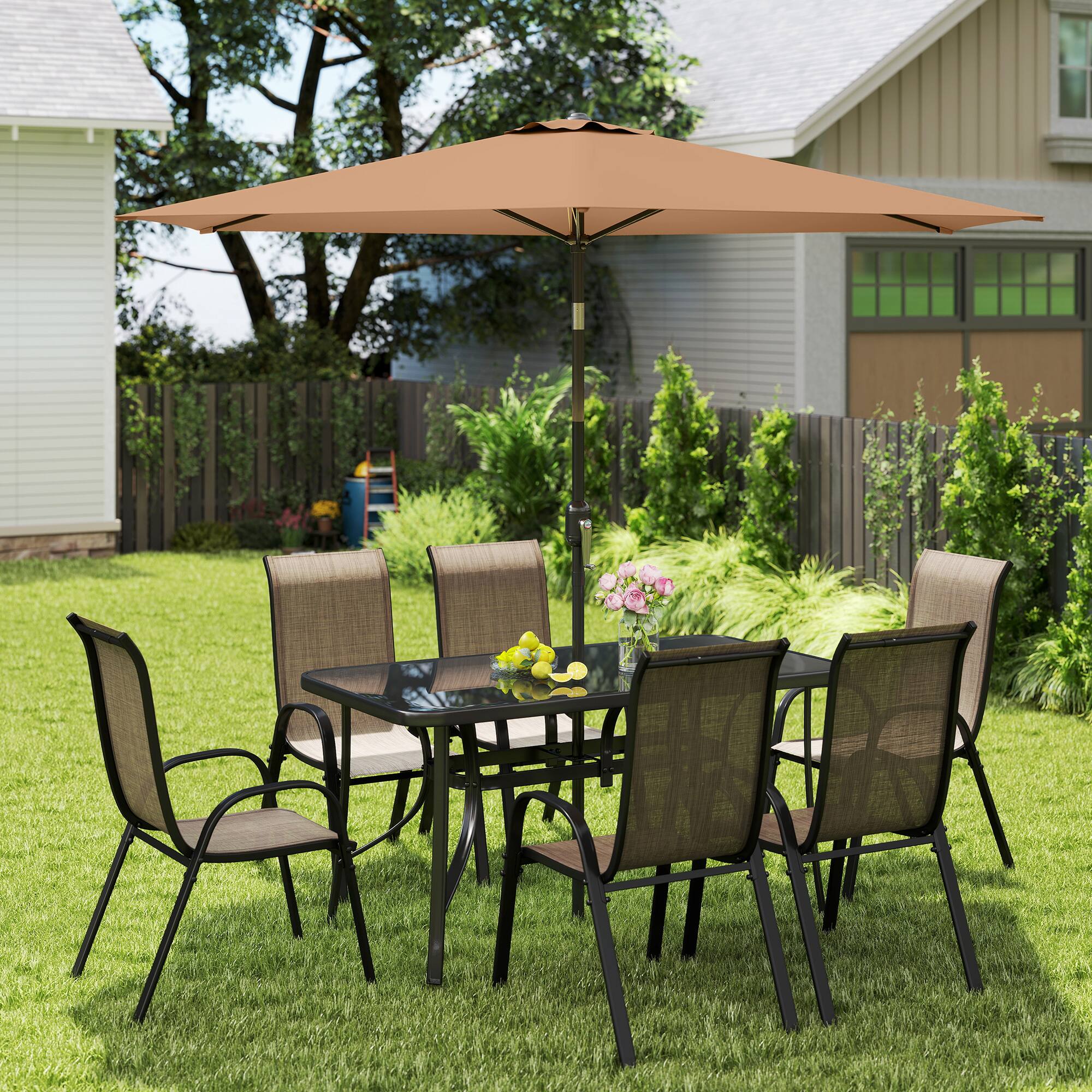 Alt View 1. Outsunny - Pieces Patio Furniture Set with 9Ft Patio Umbrella, Outdoor Dining Table and Chairs - Brown.