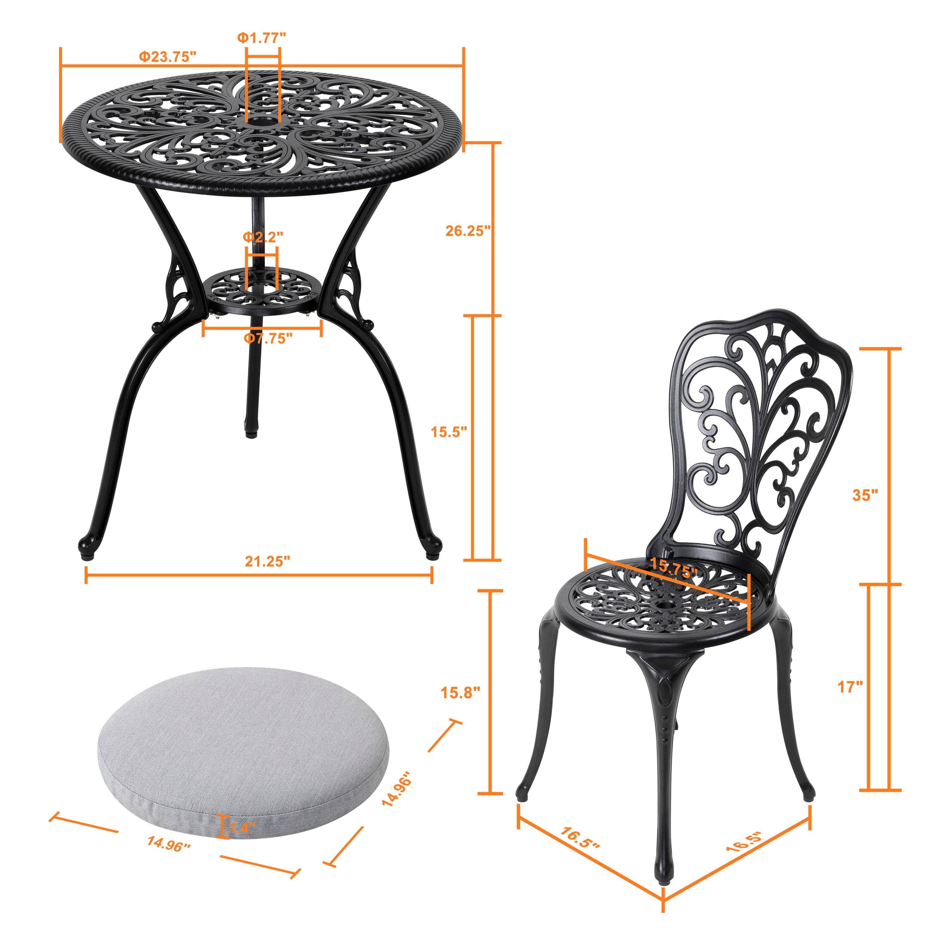 Sure, here is the corrected and grouped text from the image:

**Table:**
- Diameter: 23.75"
- Height: 15.5"
- Top Diameter: 26.25"
- Bottom Diameter: 7.75"
- Leg Width: 21.25"

**Chair:**
- Height: 35"
- Seat Height: 17"
- Seat Diameter: 15.75"
- Back Height: 16.5"
- Armrest Height: 16.8"
- Seat Depth: 15.8"
- Back Width: 14.96"
- Back Height: 14.96"

**Cushion:**
- Diameter: 14.96"
- Thickness: 1.75"