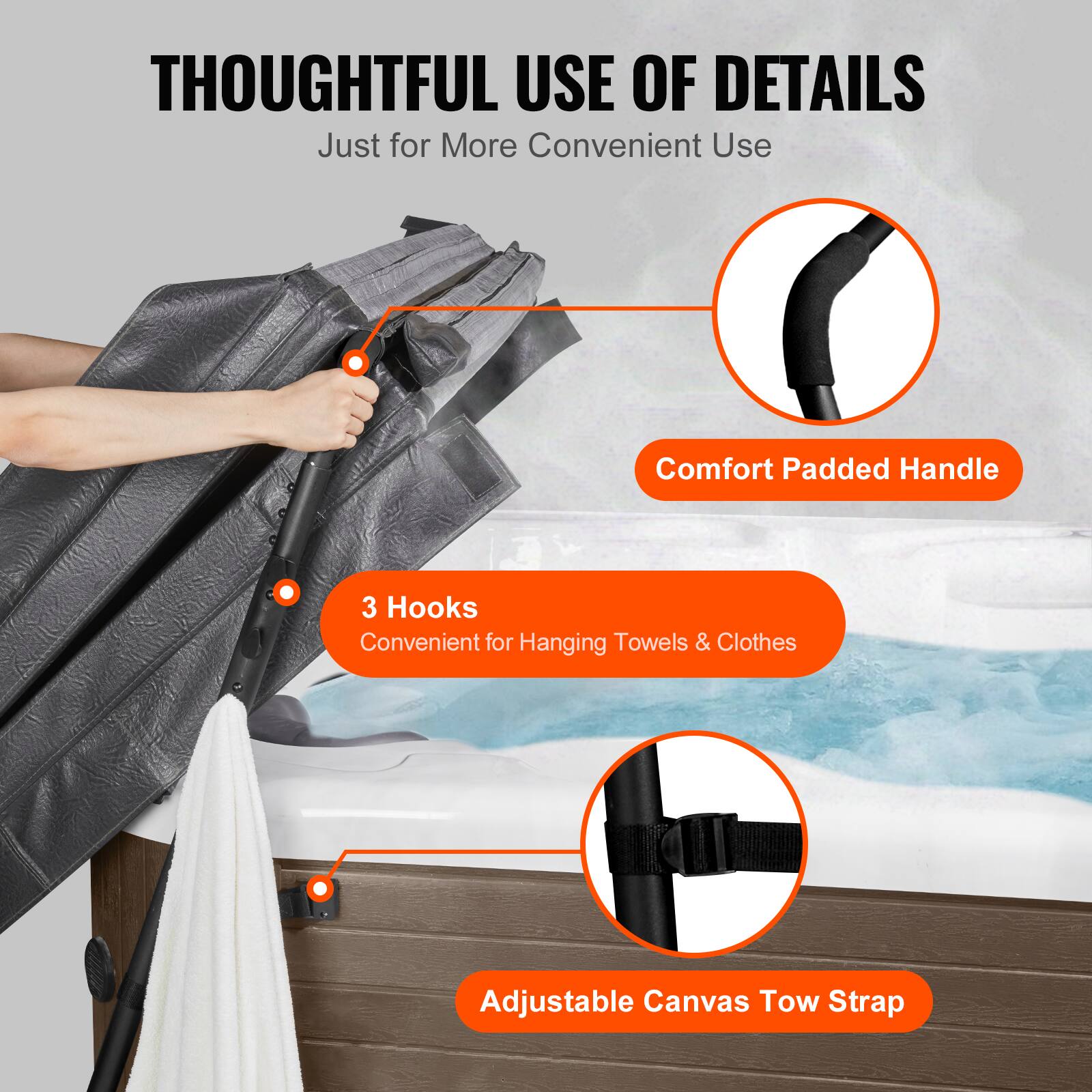 THOUGHTFUL USE OF DETAILS  
Just for More Convenient Use  

Comfort Padded Handle  
3 Hooks  
Convenient for Hanging Towels & Clothes  
Adjustable Canvas Tow Strap