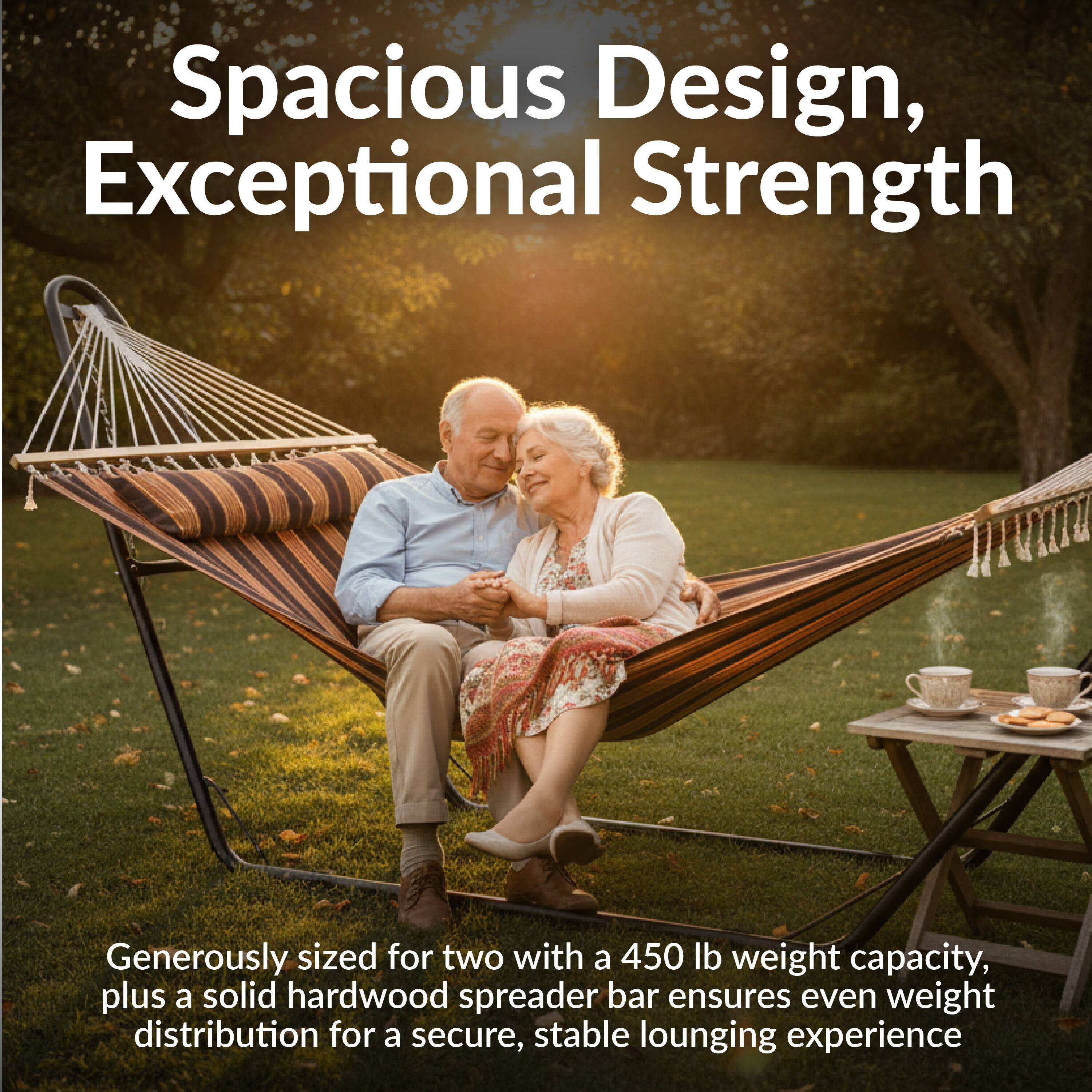 Spacious Design, Exceptional Strength

Generously sized for two with a 450 lb weight capacity, plus a solid hardwood spreader bar ensures even weight distribution for a secure, stable lounging experience.