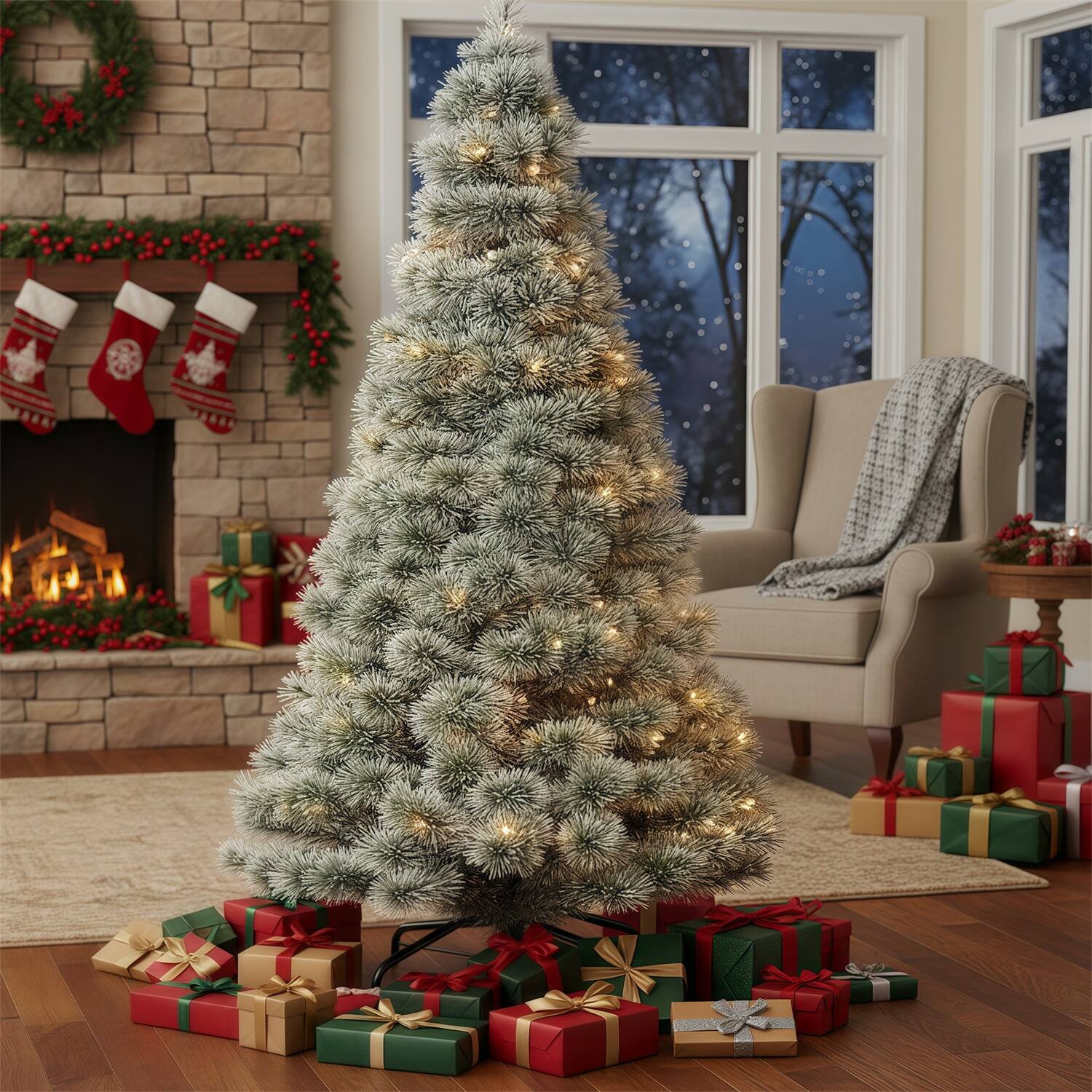 Sweet - 4.5ft Snow Flocked Spruce Artificial Christmas Tree with 450 Incandescent Warm White Lights, Foldable Stand - White Flocking