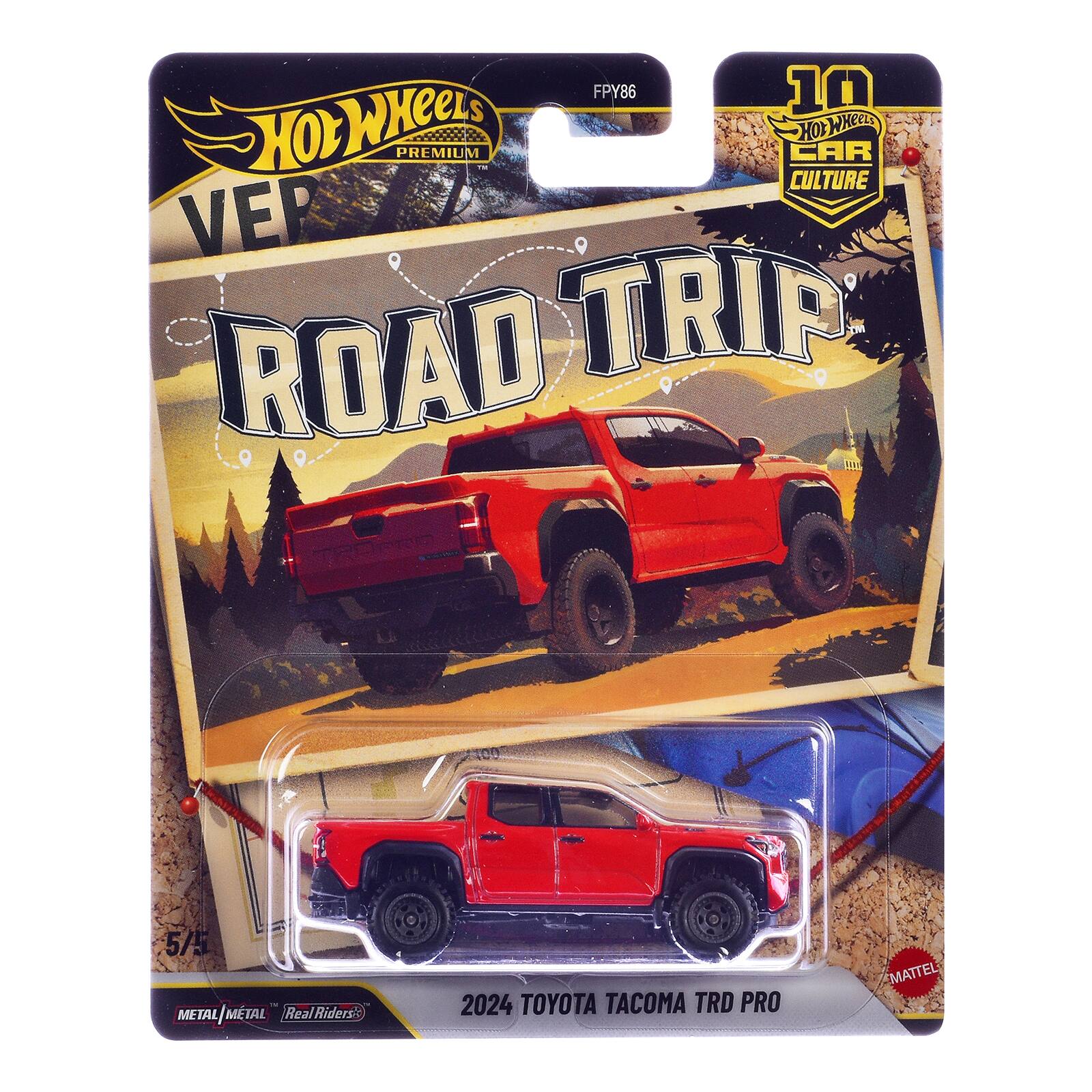 FPY86 10 Hot Wheels Premium TM Hot Wheels Car Culture Ver Road Trip  
5/5 M METAL/MTAL Real Riders  
2024 TOYOTA TACOMA TRD PRO  
MATTEL