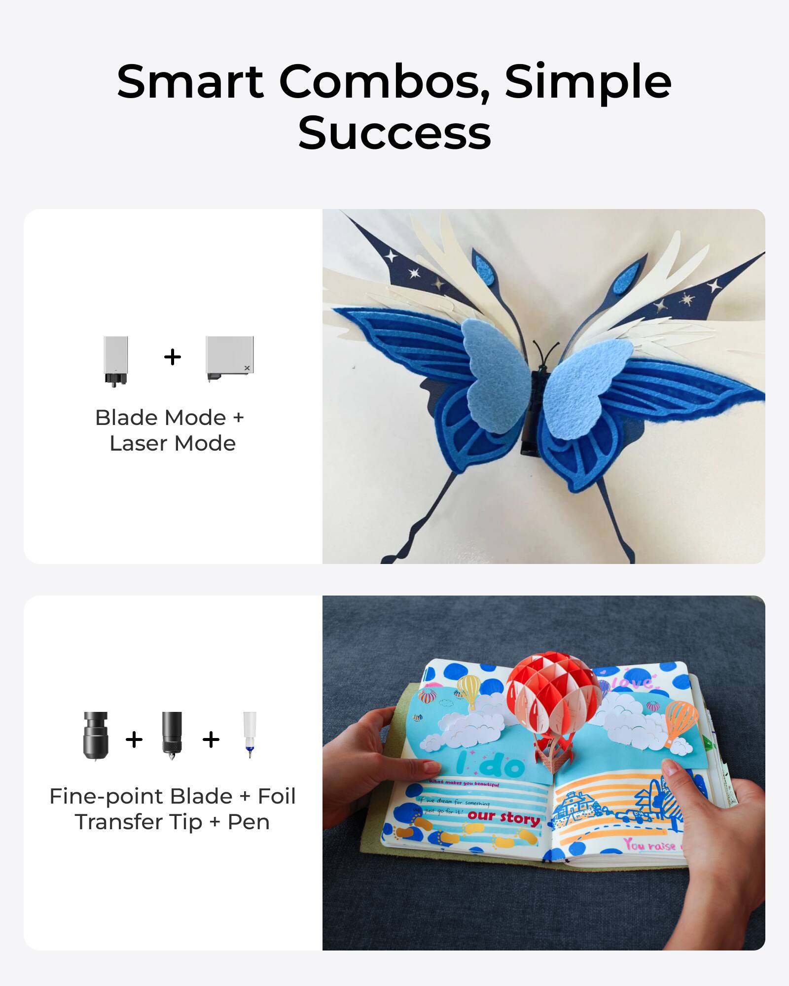 Smart Combos, Simple Success

Blade Mode + Laser Mode

Fine-point Blade + Foil Transfer Tip + Pen

I do
our story
You raise