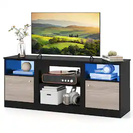 Gymax - TV Stand w/ LED Lights for 65'' TVs Entertainment Center w/Adjustable Shelf - Black