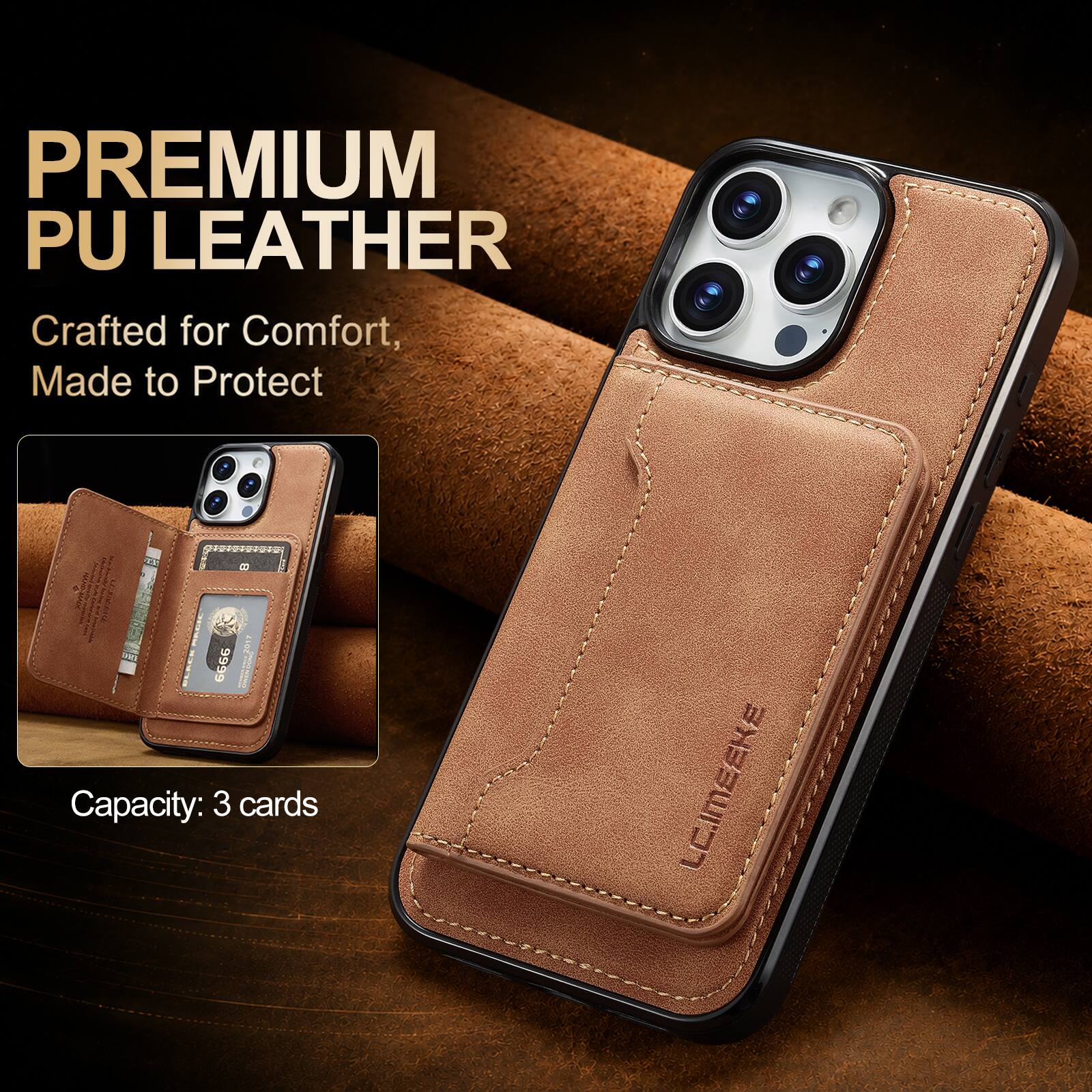 PREMIUM PU LEATHER  
Crafted for Comfort, Made to Protect  
Capacity: 3 cards  
LC.IMEEKE