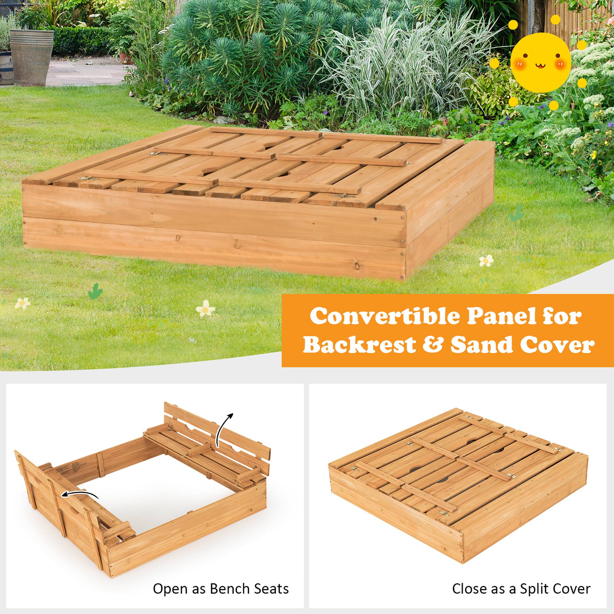 Convertible Panel for Backrest & Sand Cover

Open as Bench Seats

Close as a Split Cover