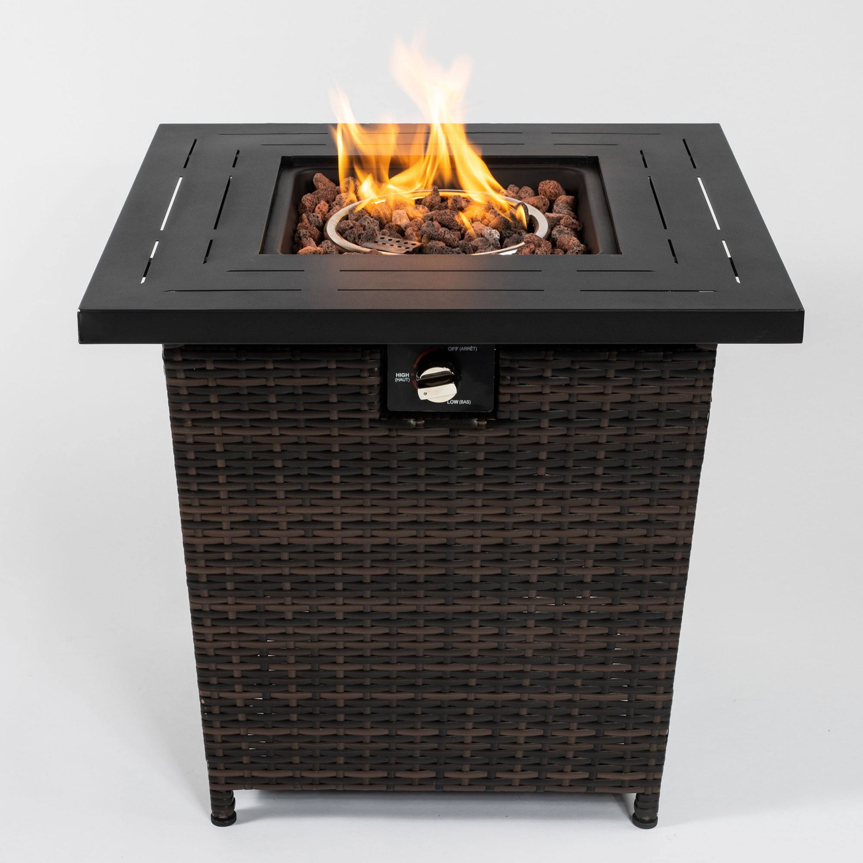Left. Boyel Living - 28 Inch Square Outdoor Propane Fire Pit Table with Steel Lid - Brown.