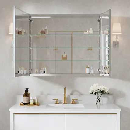 Front. WELLFOR - 36 in. W x 30 in. H Rectangular Aluminum Recess or Surface Mount Medicine Cabinet with Mirror, Soft Close Door - Silver.