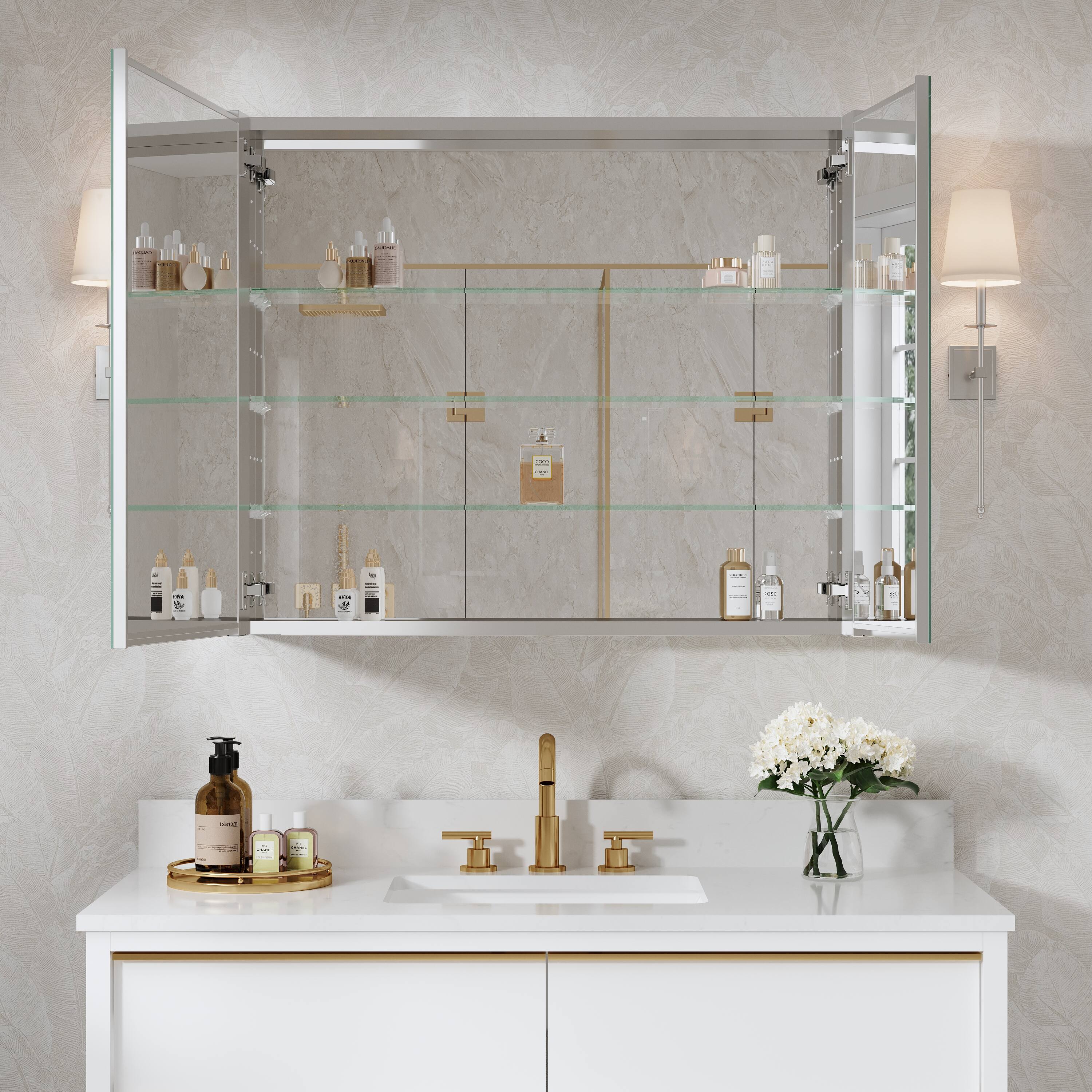 Front. WELLFOR - 36 in. W x 30 in. H Rectangular Aluminum Recess or Surface Mount Medicine Cabinet with Mirror, Soft Close Door - Silver.