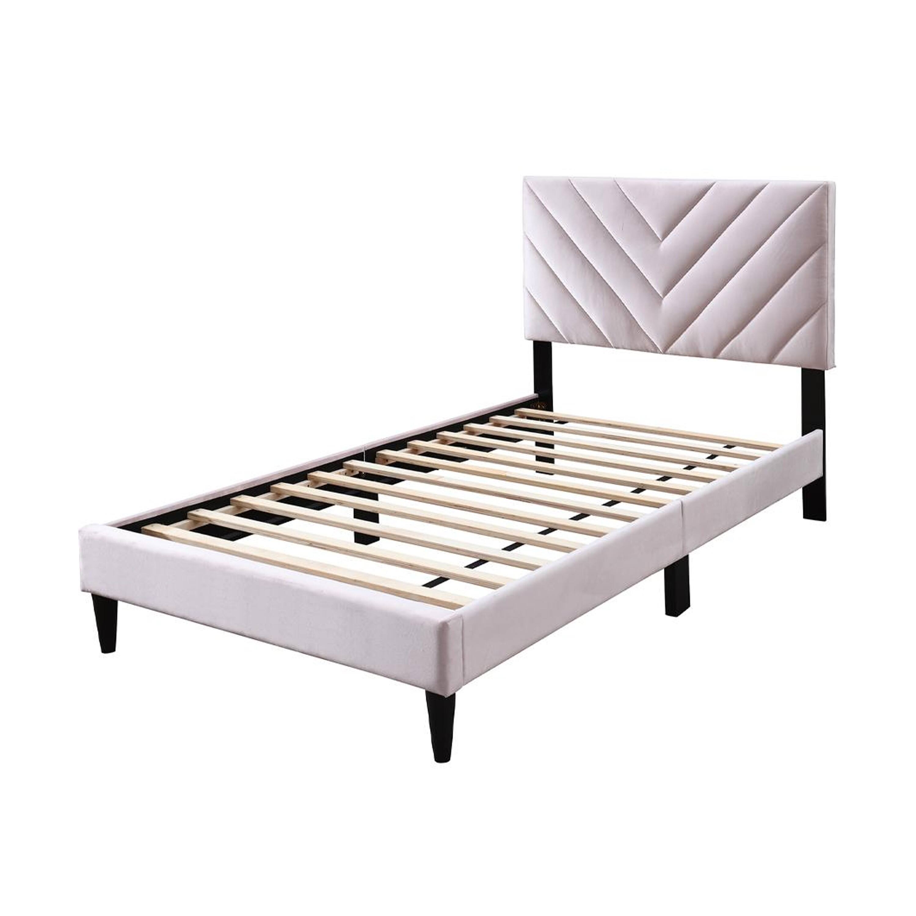 Alt View 1. Manhattan Lane - Lilian Twin Bed, Tufted Light Pink Velvet Upholstery, Chevron Stitch - Pink, Black.