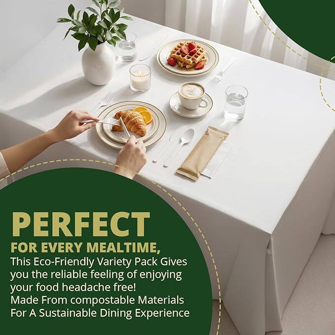 PERFECT FOR EVERY MEALTIME,  
This Eco-Friendly Variety Pack Gives you the reliable feeling of enjoying your food headache free!  
Made From compostable Materials For A Sustainable Dining Experience