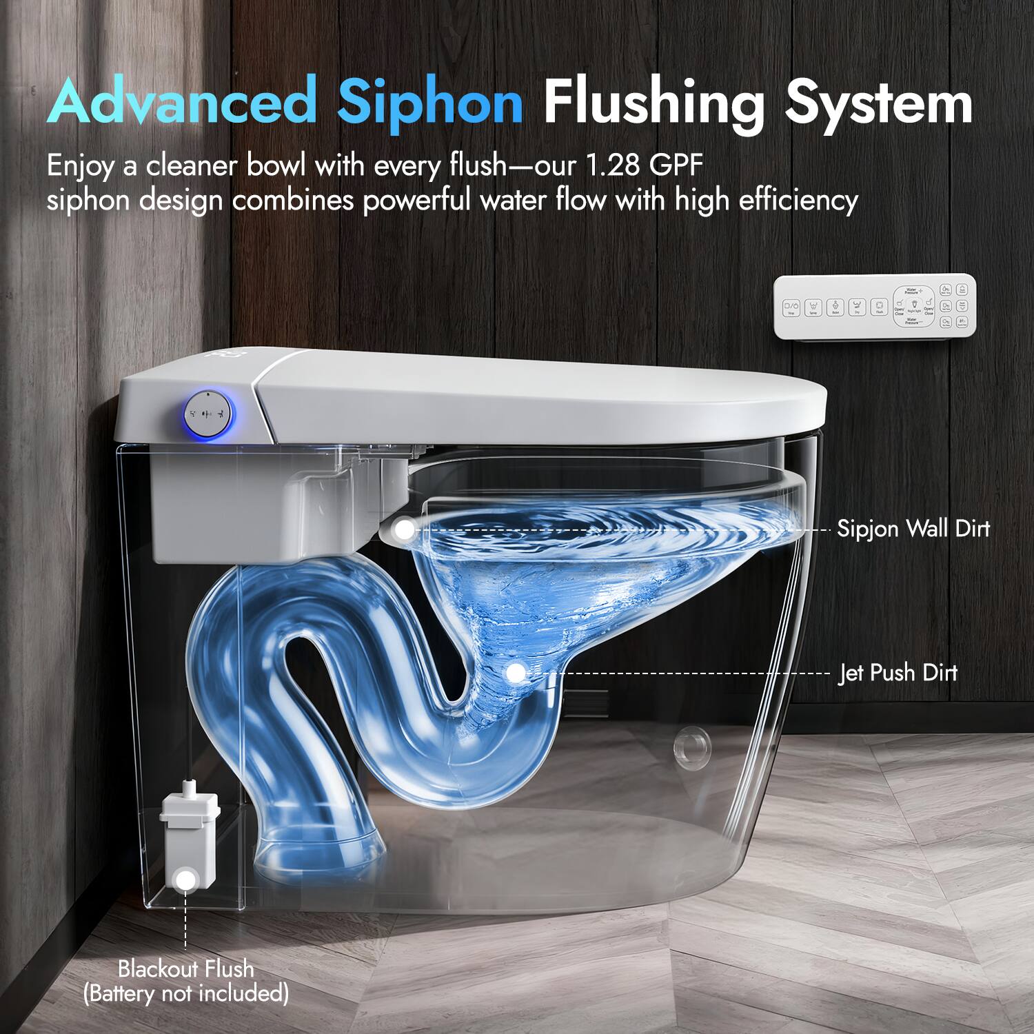 Advanced Siphon Flushing System  
Enjoy a cleaner bowl with every flush—our 1.28 GPF siphon design combines powerful water flow with high efficiency.  
Sipjon Wall Dirt  
Jet Push Dirt  
Blackout Flush (Battery not included)