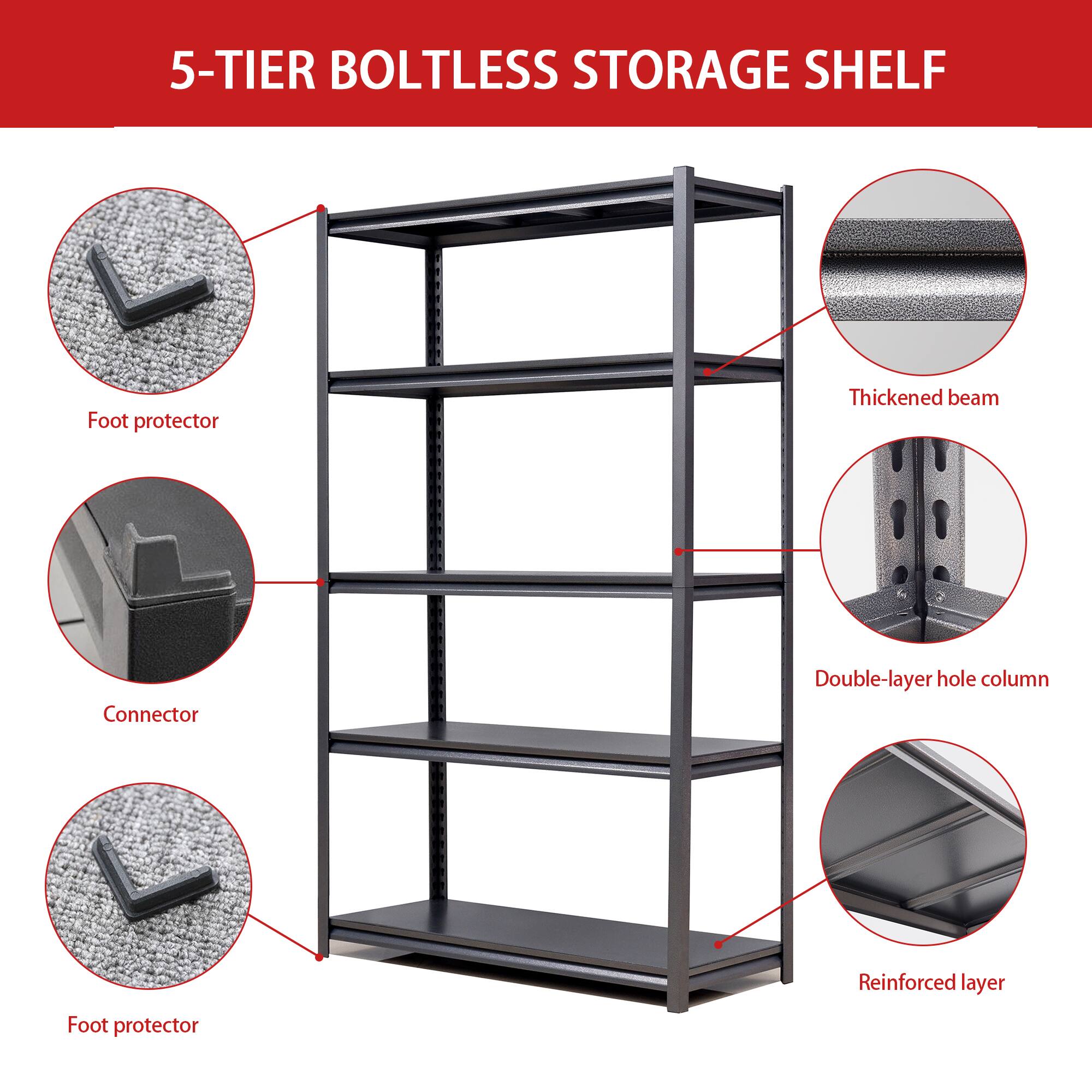 5-TIER BOLTLESS STORAGE SHELF

- Foot protector
- Thickened beam
- Connector
- Double-layer hole column
- Reinforced layer
- Foot protector