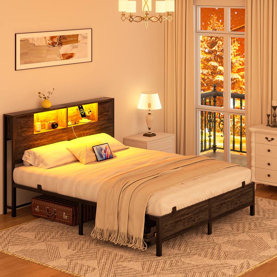 Aheaplus Industrial Metal Bed Frame: Storage Headboard / Charging, LED ...