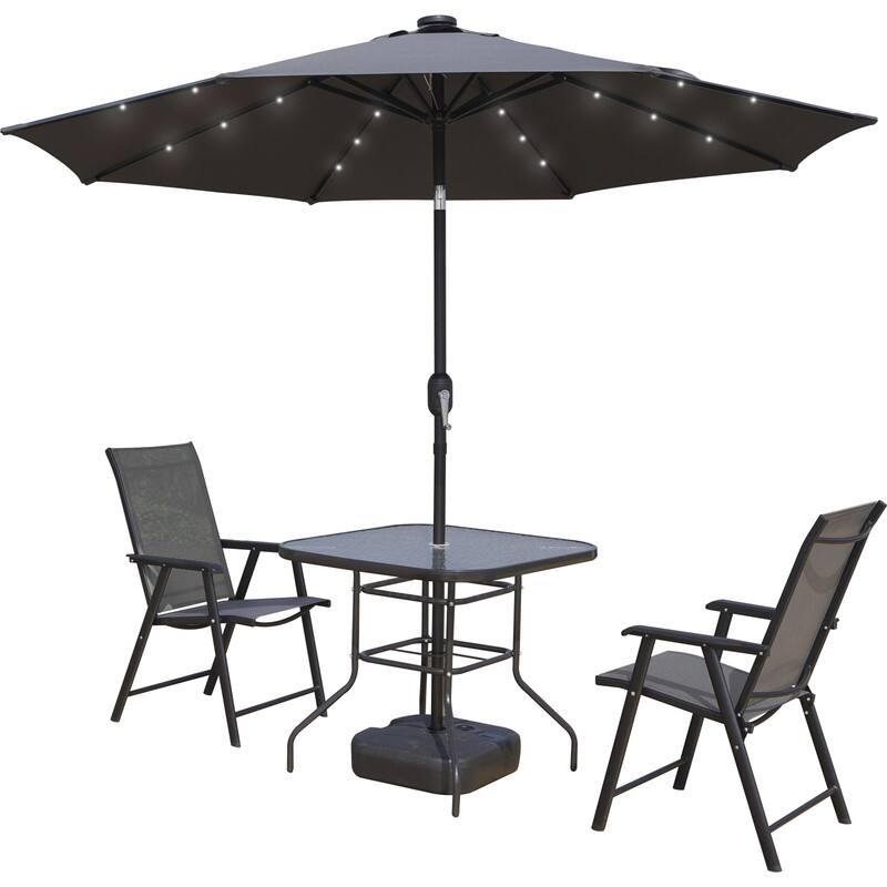 Left. LeisureMod - Sierra Outdoor Polyester Umbrella with Solar LED Lights and Push-Button Tilt - Gray.