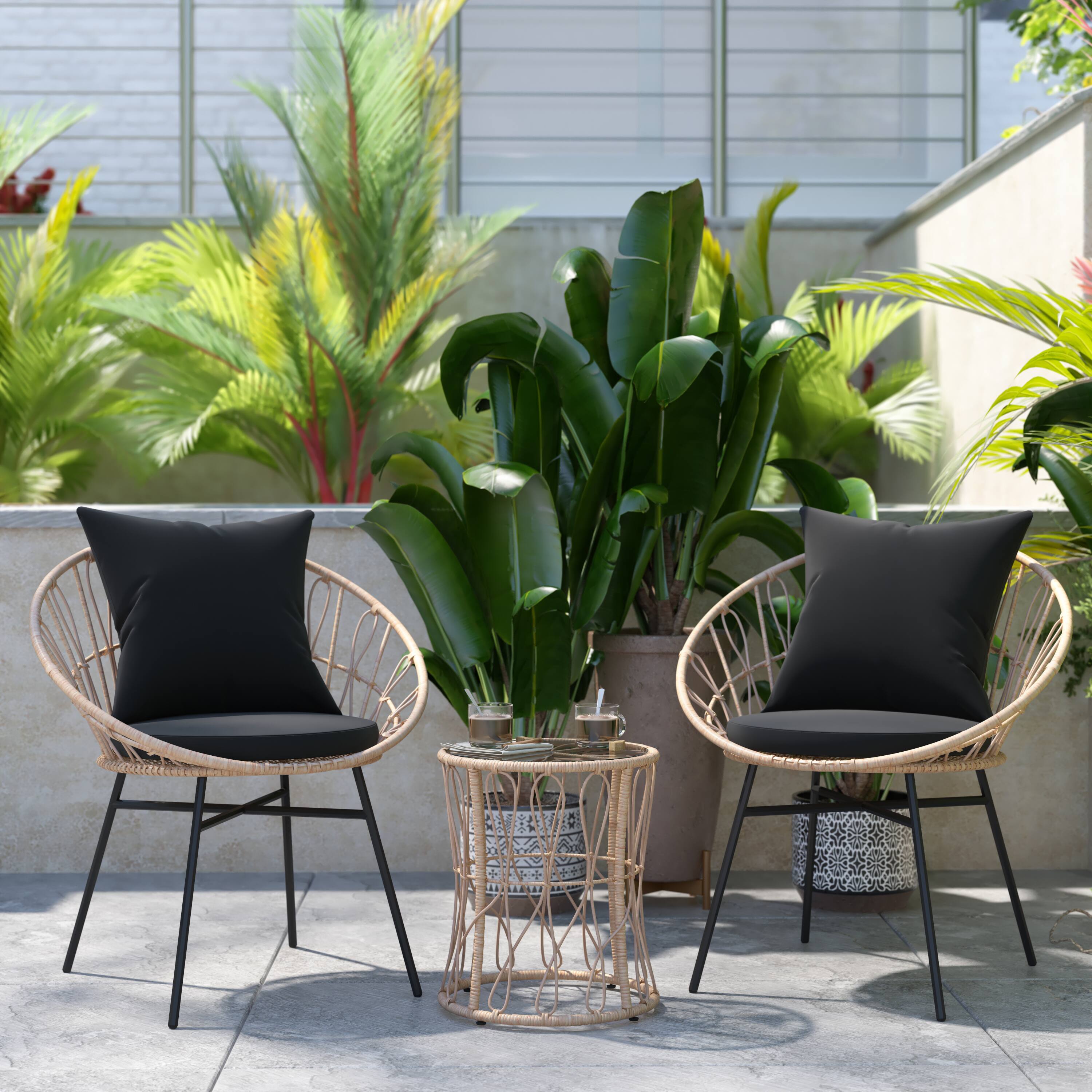 Alt View 1. Emma + Oliver - Ari 3 Piece Boho Patio Set - Faux Rattan Rope Papasan Style Chairs with Cushions and Glass Topped Side Table - Black Cushions/Tan Frame.