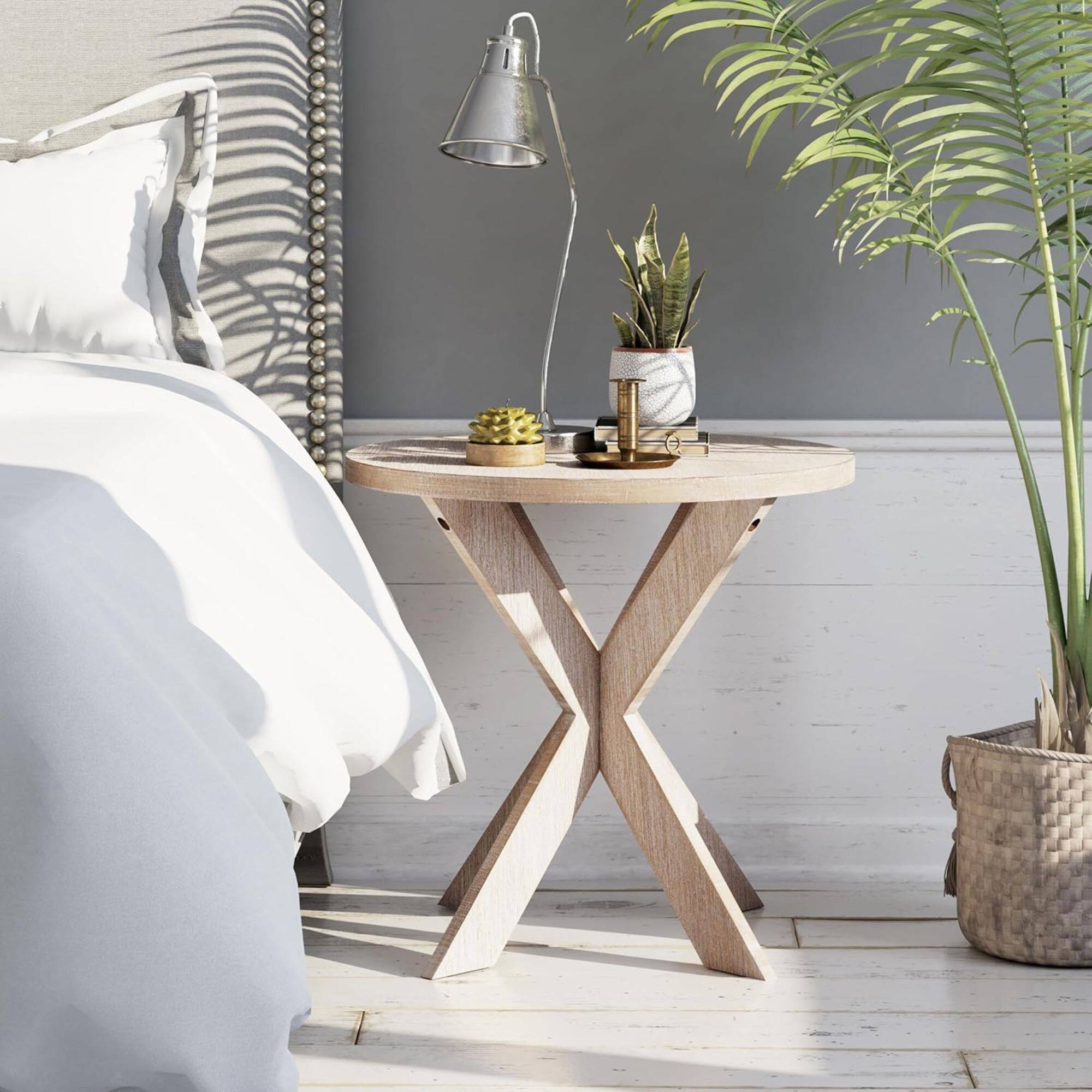 Alt View 1. COZAYH - COZAYH Farmhouse Round Wooden End Table with Cross Legs, Vintage Grey, Set of 2 - Vintage Grey.