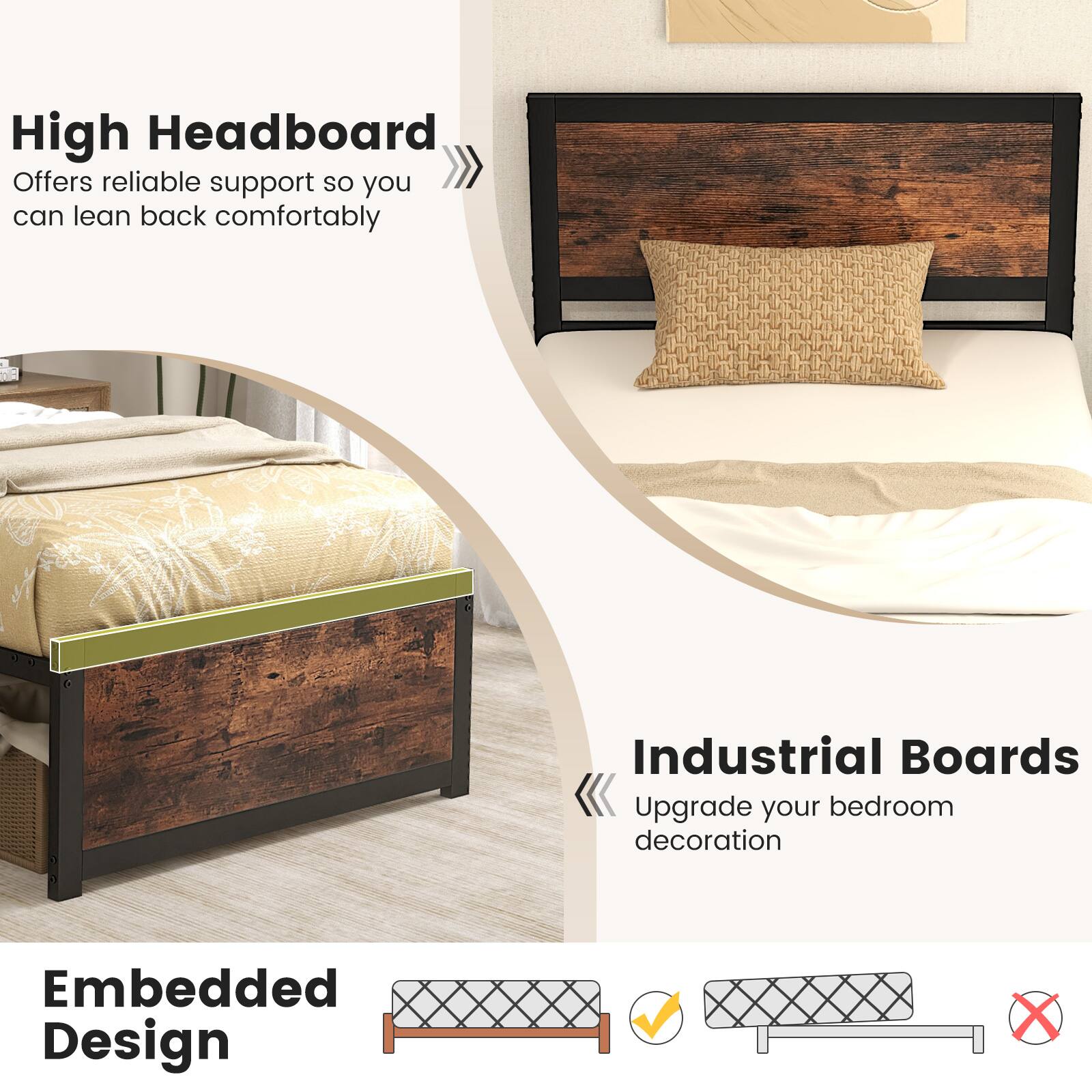 High Headboard Offers reliable support so you can lean back comfortably, Industrial Boards Upgrade your bedroom decoration, Embedded Design x
