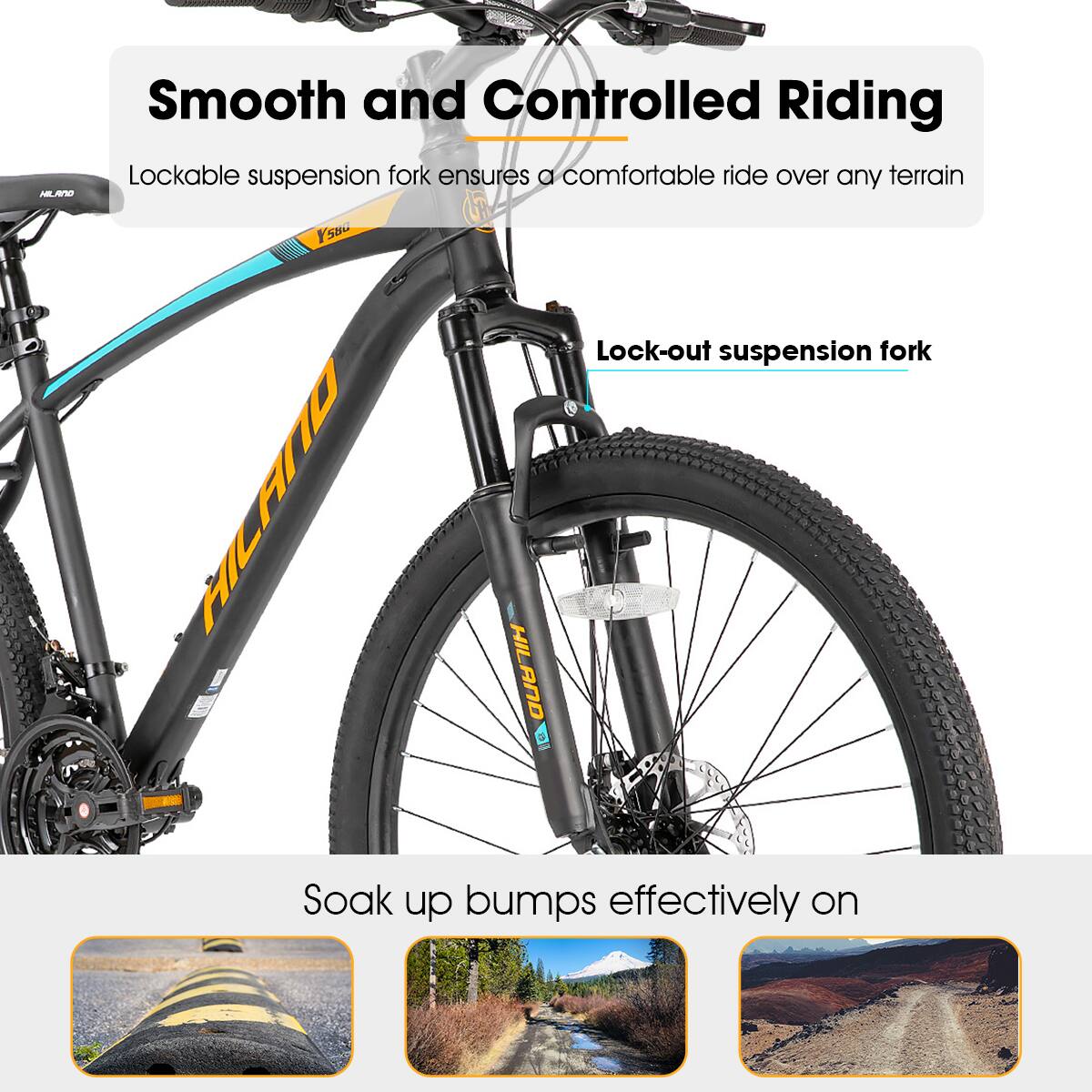 Smooth and Controlled Riding
Lockable suspension fork ensures a comfortable ride over any terrain
Lock-out suspension fork
Soak up bumps effectively on