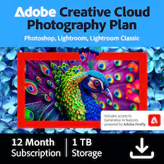 Adobe Creative Cloud Photography Plan
Photoshop, Lightroom, Lightroom Classic
Includes access to Generative AI features powered by Adobe Firefly
12 Month Subscription
1 TB Storage