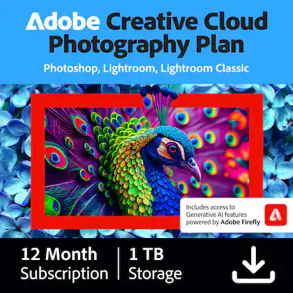 Adobe Creative Cloud Photography Plan
Photoshop, Lightroom, Lightroom Classic
Includes access to Generative AI features powered by Adobe Firefly
12 Month Subscription
1 TB Storage